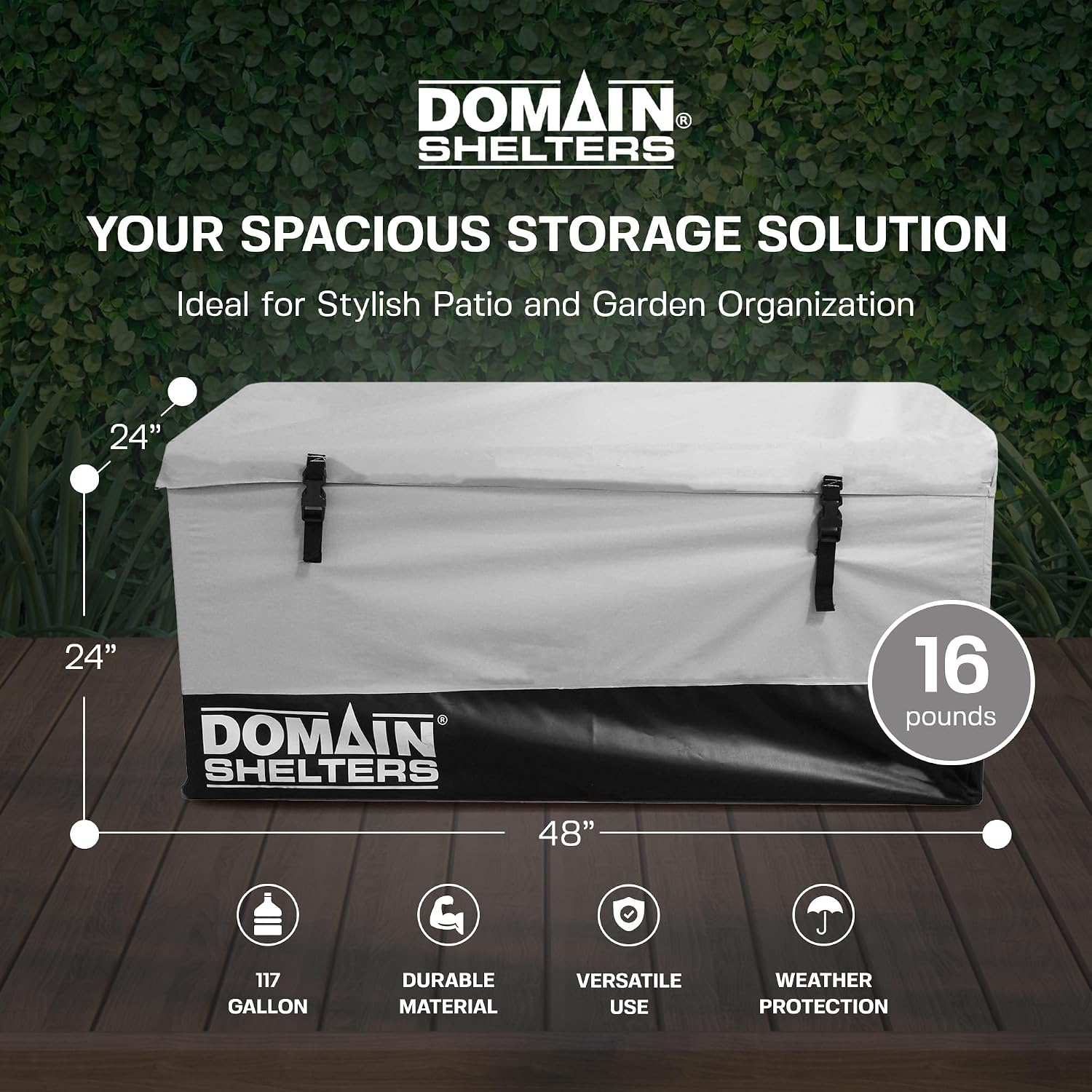 Domain Shelters 117 Gallon 4 x 2 x 2 Foot Outdoor Patio Backyard Garden Storage Container Deck Box w/Removable Weather Bars & Clip Buckles, Gray/Black