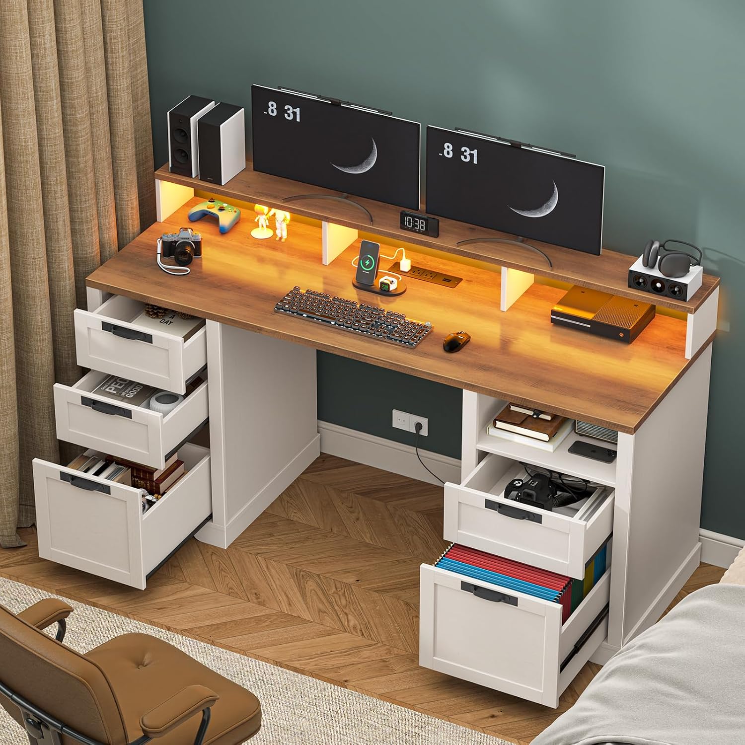 Vabches 61' Farmhouse Executive Desk with LED Lights and Power Outlets,Computer Desk with Monitor Stand & File Drawers,Large Workspace with Storage Drawers for Home Office,Study,White