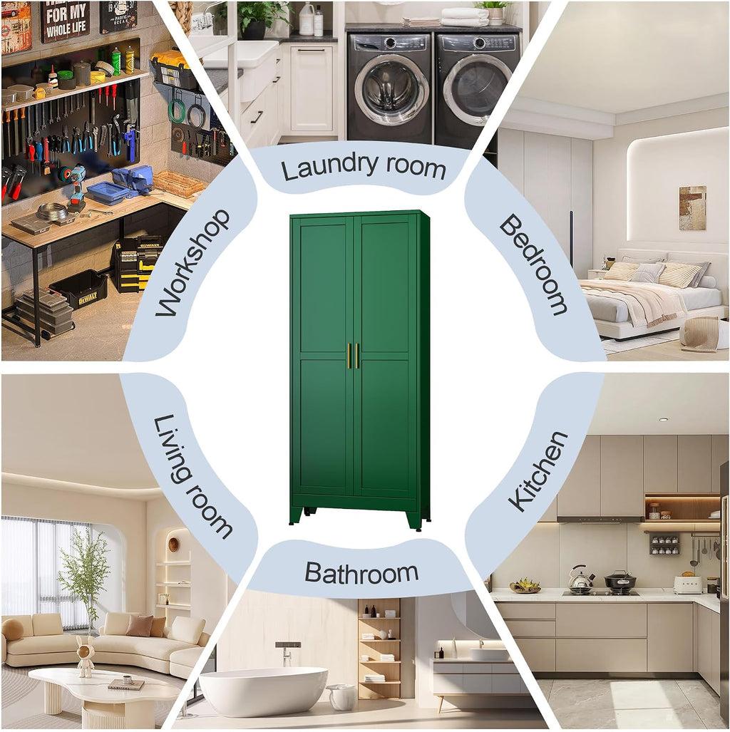 Green Metal Storage Cabinet,75' Steel Cabinets for Home Office, Kitchen Pantry Storage Cabinet with Doors and 5 Adjustable Shelves, Tool Cabinets, for Office, Home, Garage, School