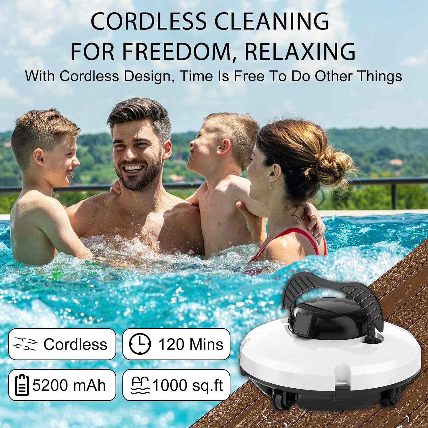 2026 Cordless Robotic Pool Cleaner - 120 Mins Automatic Pool Vacuum for Above Ground Pool & In - Ground Flat Pools up to 1000 Sq.Ft, Robot Pool Cleaner with Self - Parking Tech