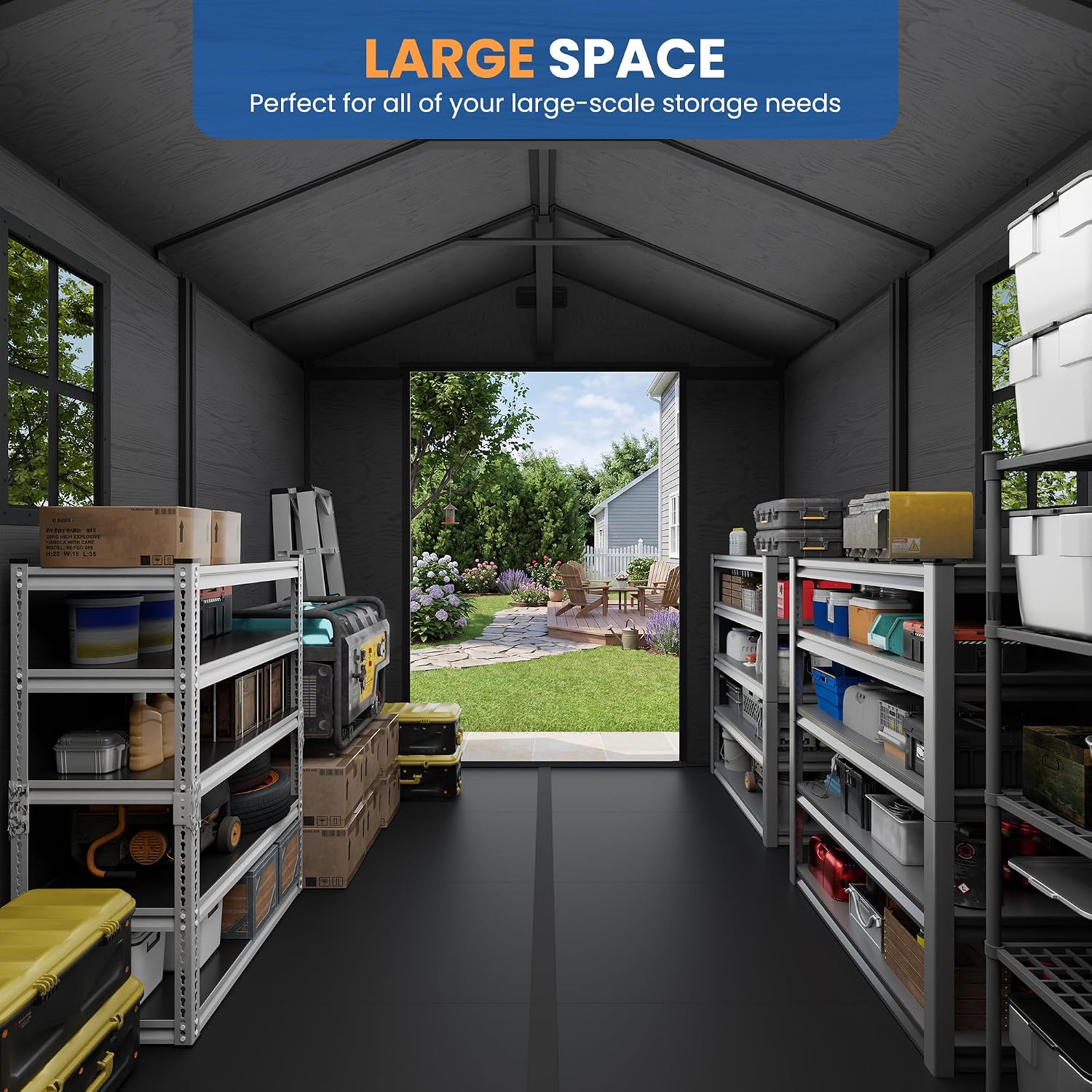Amopatio 8X12 FT Resin Storage Shed with Floor Included, Plastic Outdoor Shed with Lockable Door, Window & Vents, for Lawnmower, Garden Tools, Pool Supplies, Dark Grey