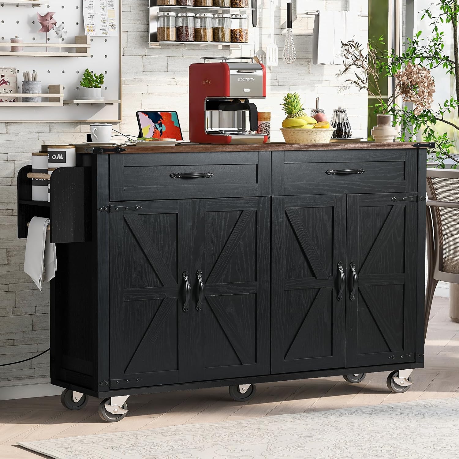 53.5''Farmhouse Kitchen Island with Power Outlet, Kitchen Storage Island with Drop Leaf, Spice Rack and Drawer, Rolling Kitchen Cart on Wheels, for Home, Living Room and Dining Room, Black