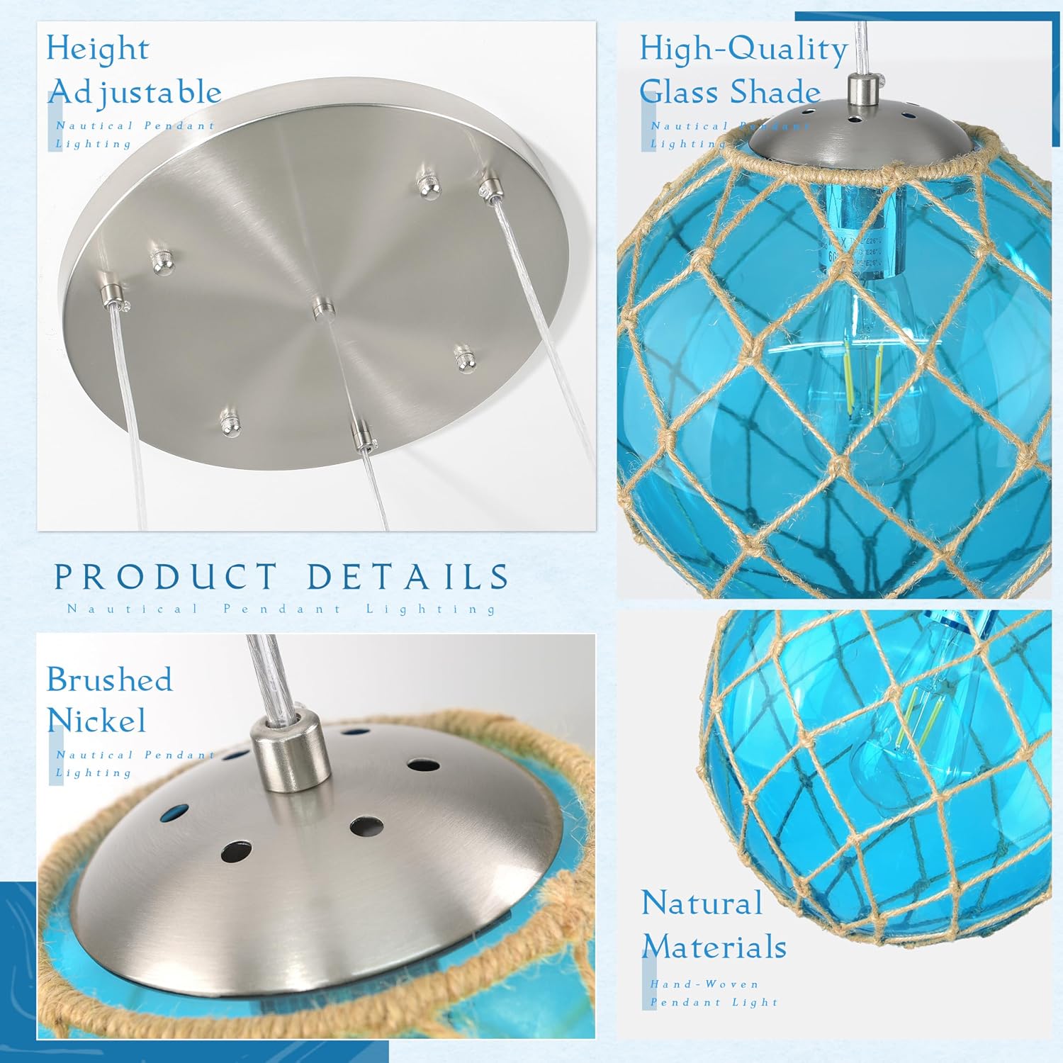 3-Light Blue Coastal Pendant Light Kitchen Island 3 Globe Glass Ocean Chandelier Beach House Boho Chandelier Hanging for Dining Room Living Room Bedroom Foyer (Bulb Incl.)