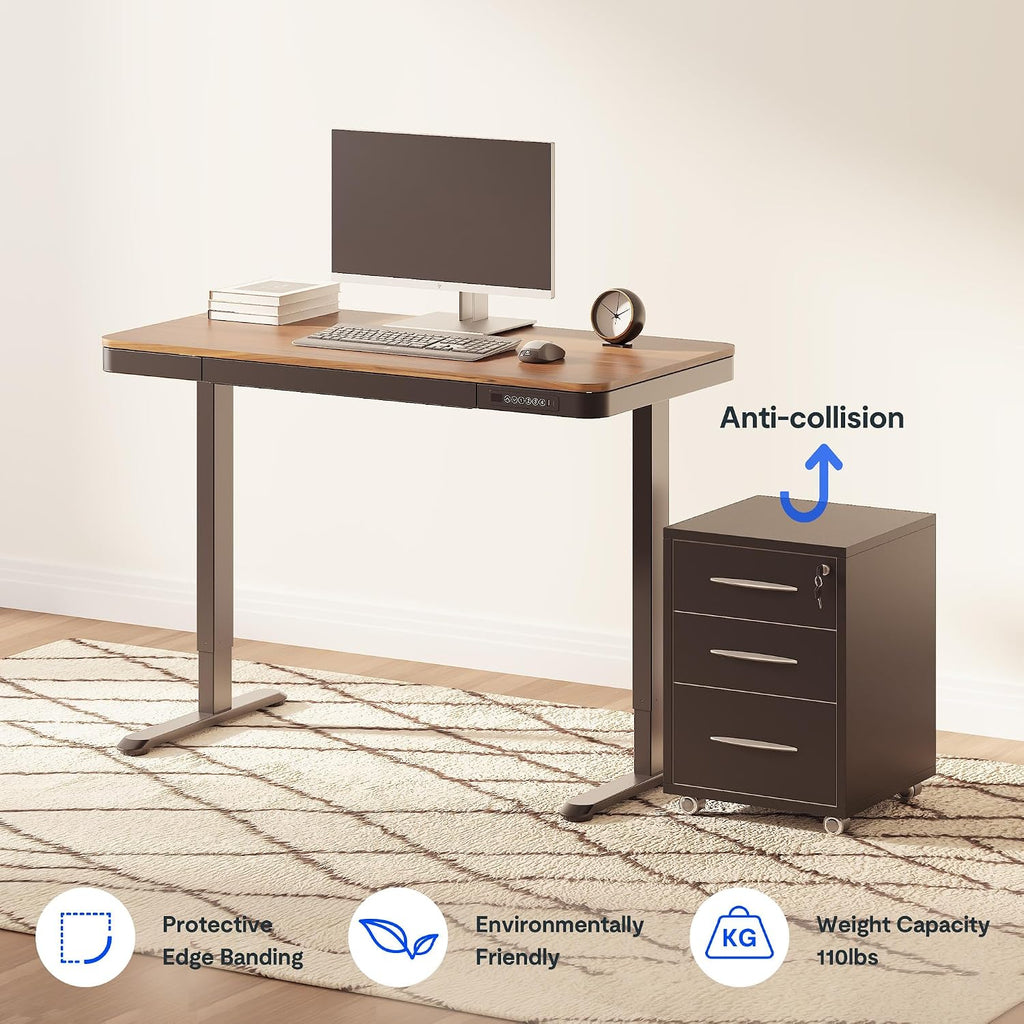 FLEXISPOT Comhar 48' Electric Standing Desk with Drawers, Quick Assembly Home Office Sit Stand Desk with Storage & USB Charging, Computer Workstation for Home Office (48' Wood, Dark Walnut/Black)