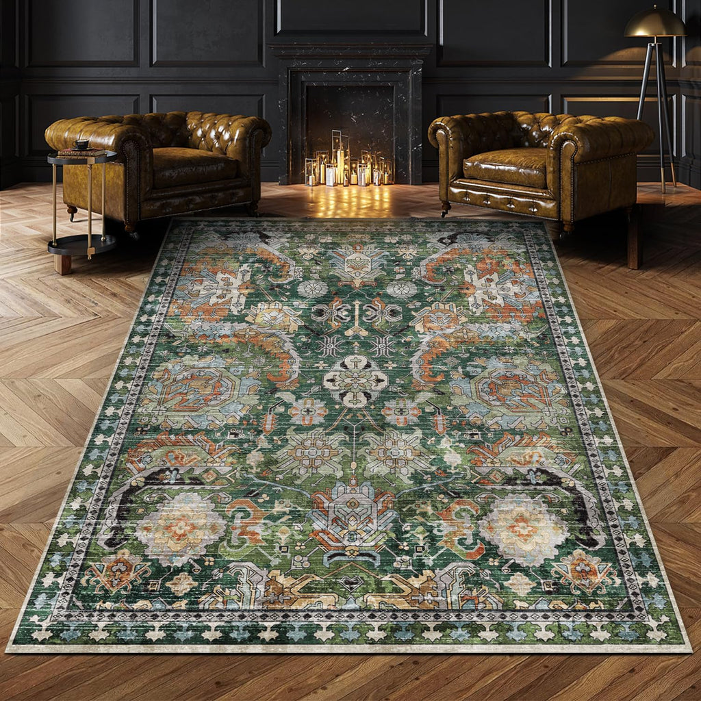RUGSURE Washable Area Rugs - Perfect for Living Room, Bedroom, Kids Room, Nursery - Stain & Water Resistant Non-Slip, Pet & Child Friendly, Vintage Tribal Area Rugs (Green, 9' x 12')
