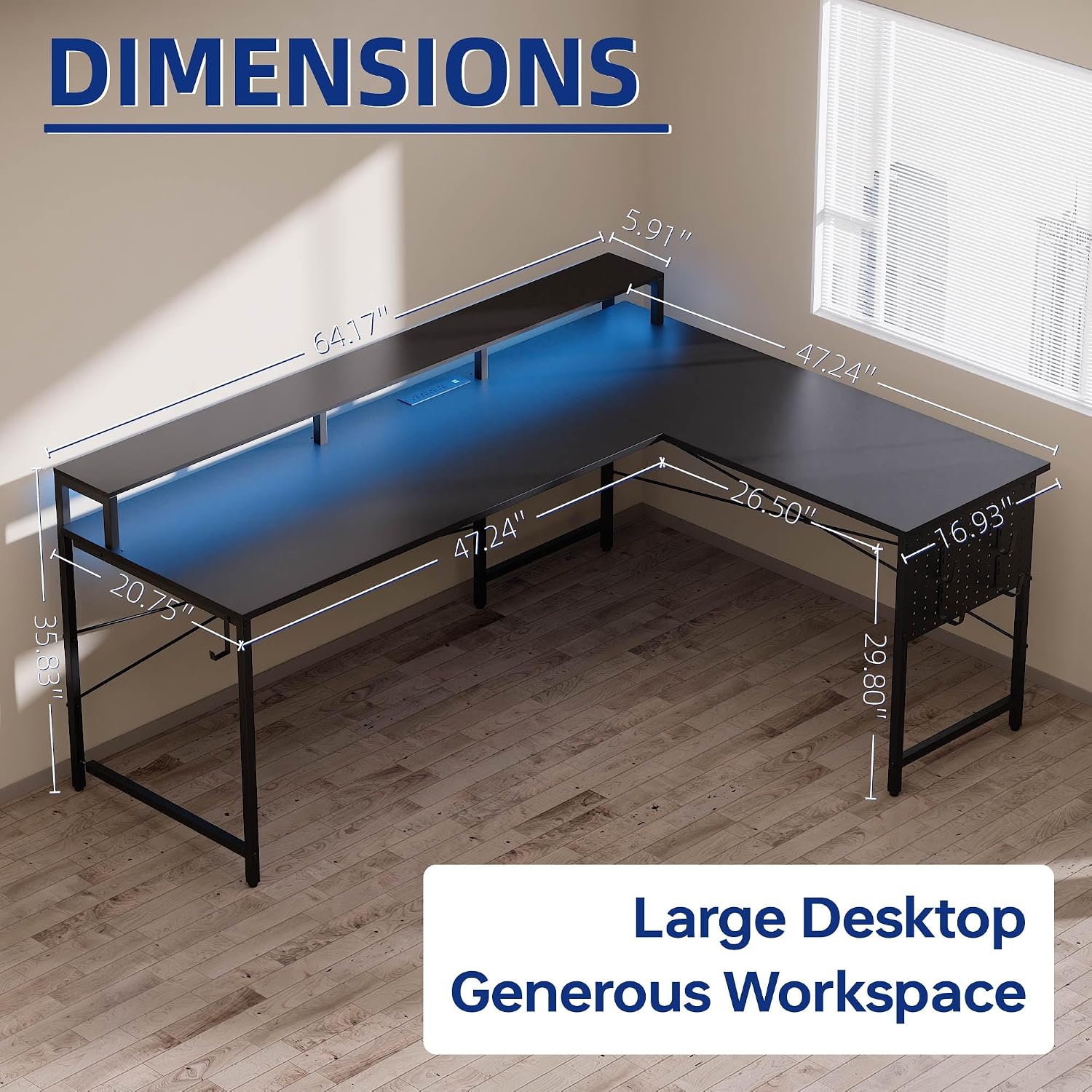 Pamray 64 Inch L Shaped Gaming Desk with Power Outlets and Led Lights, Large Corner Computer Desk with Monitor Stand and Pegboard, PC Table for Home Office and Bedroom White