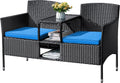 Flamaker Outdoor Furniture Patio Loveseat Wicker 2-Seat with Built-in Table and Cushions Rattan Porch Chairs Bench for Balcony, Lawn, Backyard (Blue)