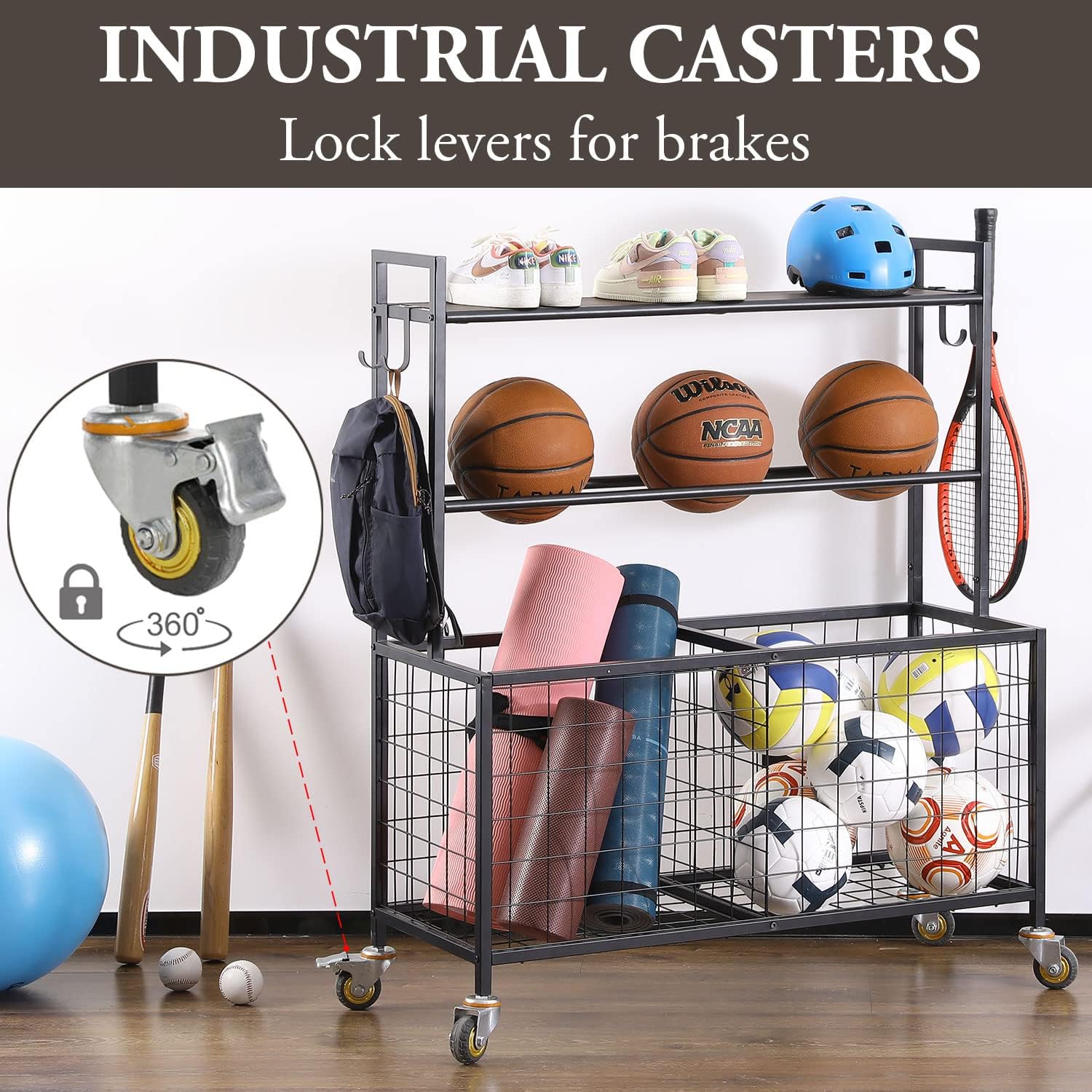 MyGift Sports Equipment Organizer, Garage Ball Storage for Indoor and Outdoor, Garage Organizer for Sports Gear and Toys, Rolling Ball Cart with Baskets, 16' D x 41' W x 49' H