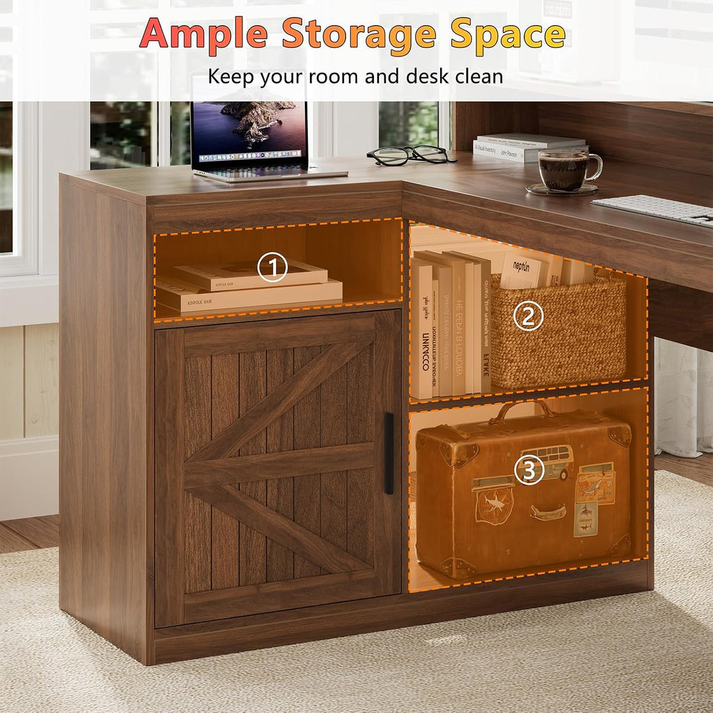TVU Farmhouse L Shaped Desk with Drawers, 62.2' Home Office Desk with Storage Shelves and Power Outlet, L Shaped Computer Desk with Monitor Stand and Printer Shelf, Brown