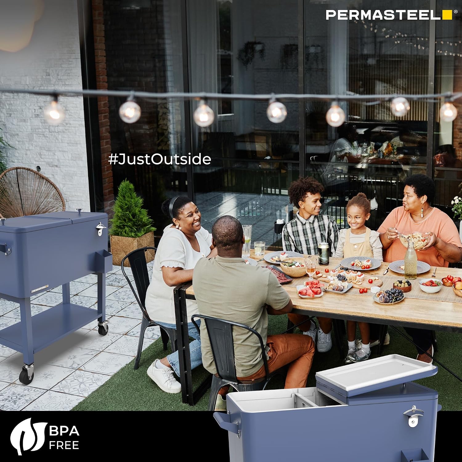 Permasteel Party Cooler with Divider, Removable Basin, Spacious 80-Qt Capacity, Chills 36hrs, Serving Tray, Rolling Ice Chest for Indoor & Outdoor