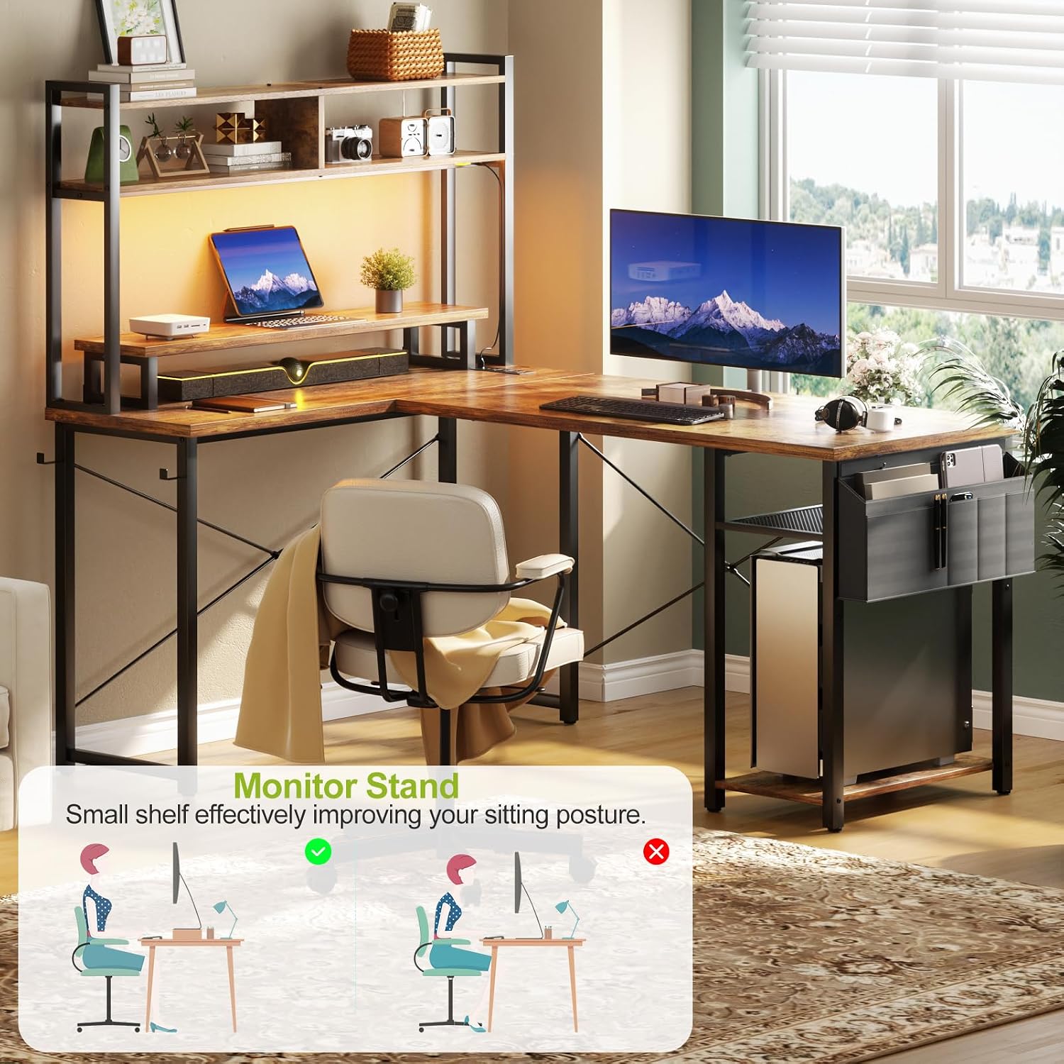 Besiost Small L Shaped Gaming Desk with Power Outlets, 48' Reversible L Shaped LED Computer Desk with Monitor Stand & Storage Shelf, Corner Gamer Desk Home Office Desk with Storage Bag, Rustic Brown