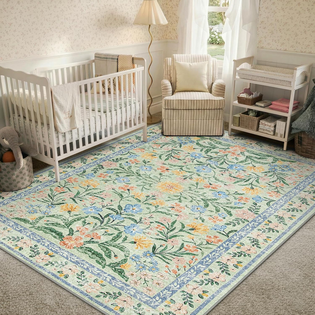 Morebes Washable Area Rugs for Bedroom 9x12, Boho Floral Rugs for Living Room Non Slip, Soft Thin Distressed Cottage Core Carpet for Nursery Girls Room Dinning Room Kids Playroom