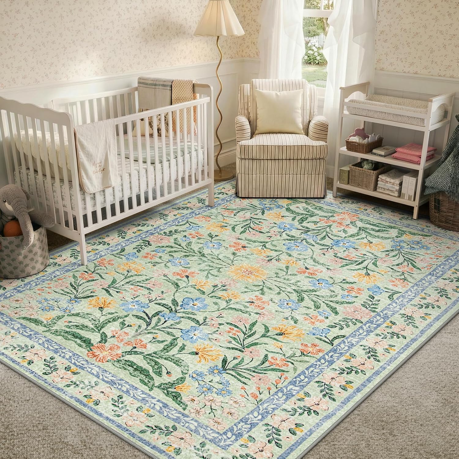 Morebes Washable Area Rugs for Bedroom 9x12, Boho Floral Rugs for Living Room Non Slip, Soft Thin Distressed Cottage Core Carpet for Nursery Girls Room Dinning Room Kids Playroom