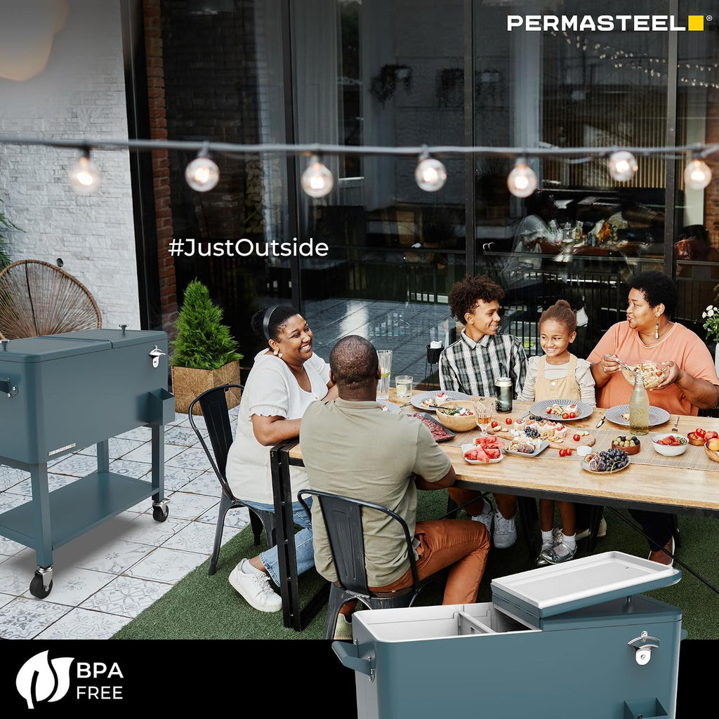 Permasteel Party Cooler with Divider, Removable Basin, Spacious 80-Qt Capacity, Chills 36hrs, Serving Tray, Rolling Ice Chest for Indoor & Outdoor