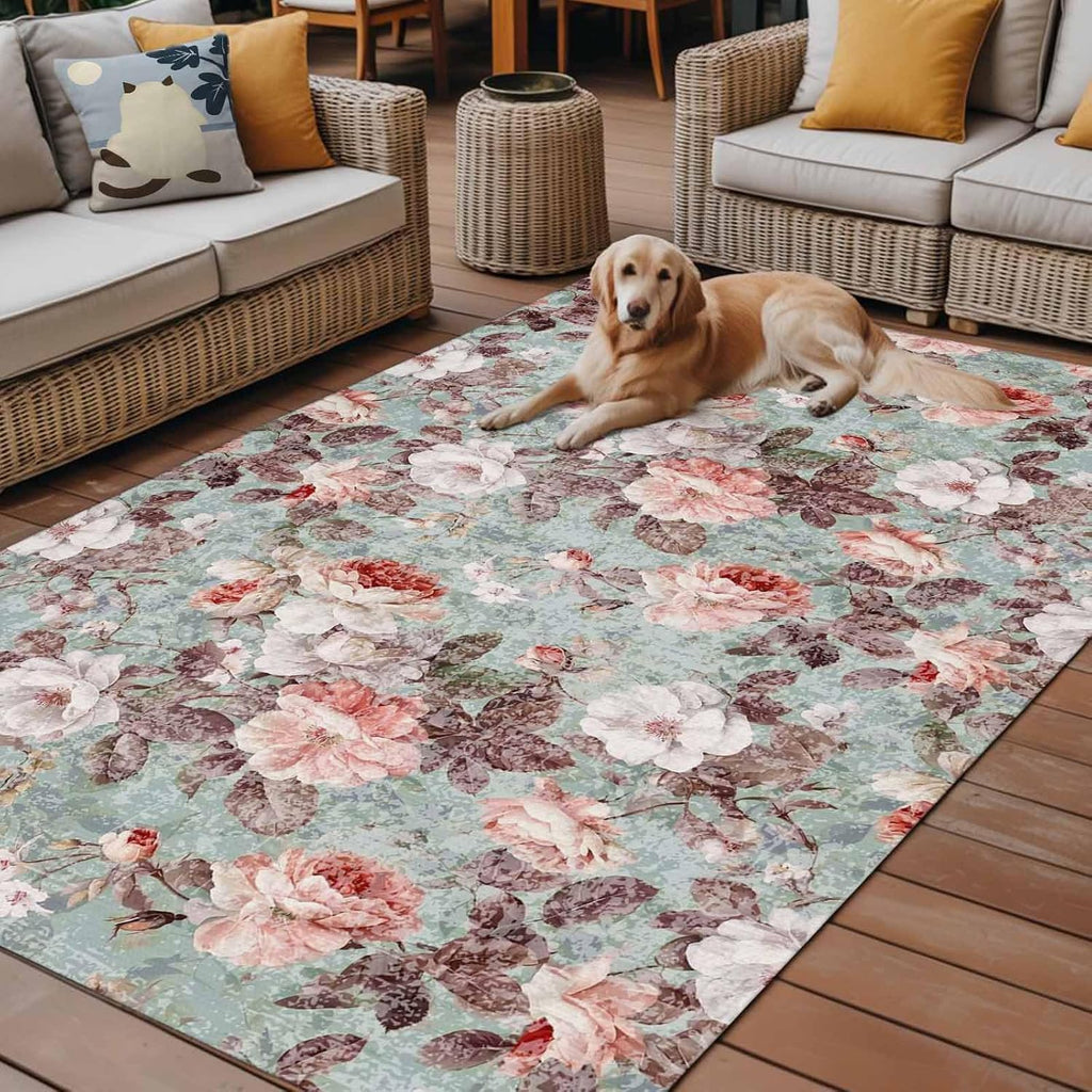 Pink Green Spring Floral Outdoor Rug for Patio/Deck/Porch, Non-Slip Large Area Rug 5 x 8 Ft, Vintage Botanical Summer Indoor Outdoor Rugs Washable Area Rugs, Reversible Camping Rug Carpet Runner