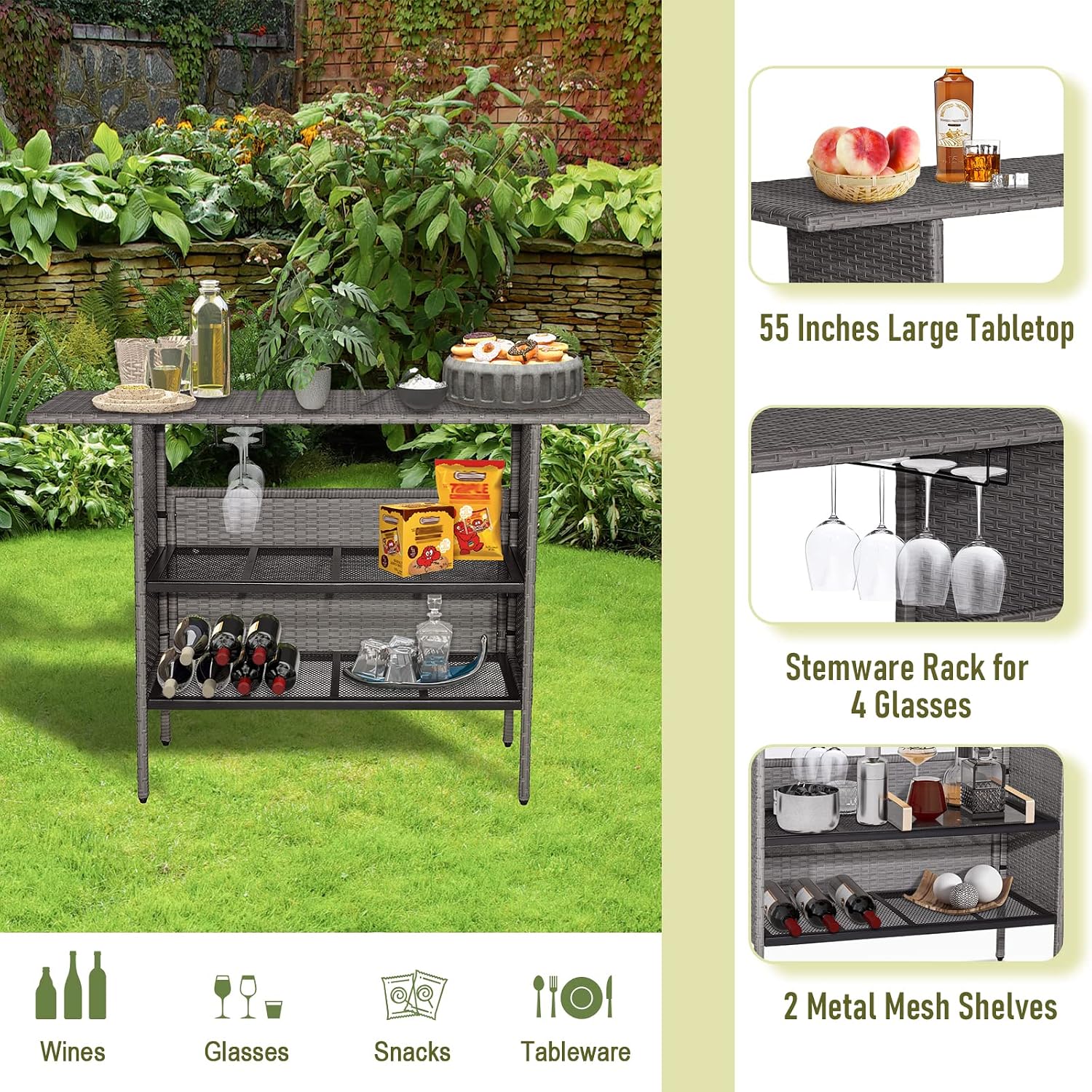 Giantex Outdoor Patio Wicker Bar Table, 2 Storage Shelves, 55''W Tabletop, Rails for Hanging Wine Glasses, Heavy-Duty Metal Frame, Bistro Rattan Bar Counter Table for Poolside Backyard (Mix Gray)
