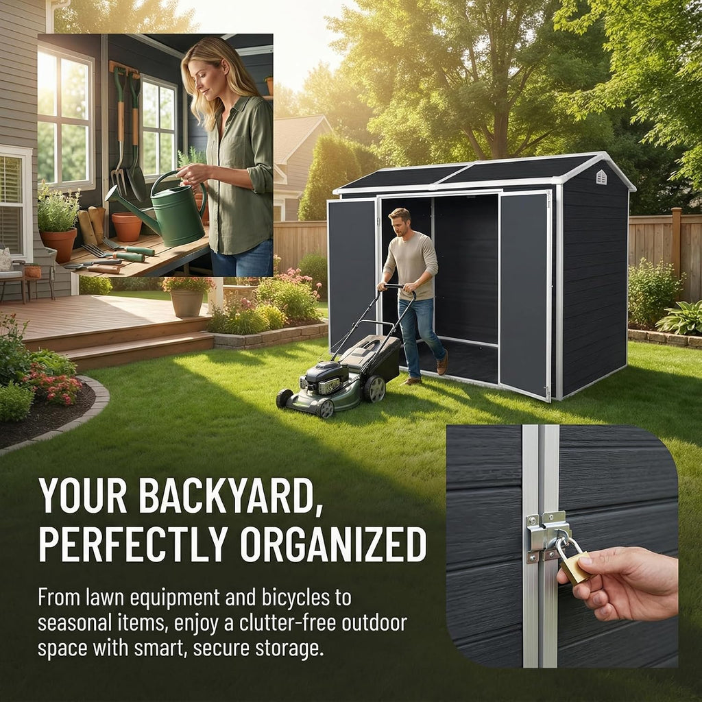 Storage Shed with Floor Included, 8x4FT Resin Storage Shed with Floor 2 Windows and Lockable Door Sheds for Garden Tools, Bike