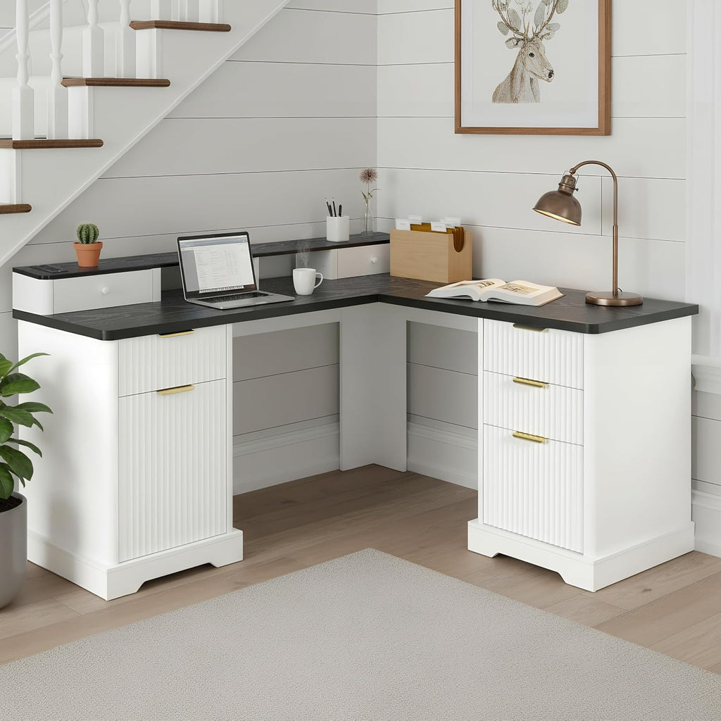 RiteSune L-Shaped Fluted Office Desk with USB Charging Station, Removable Monitor Stand, File Drawer & Adjustable Storage Cabinet, Modern Corner Computer Desk