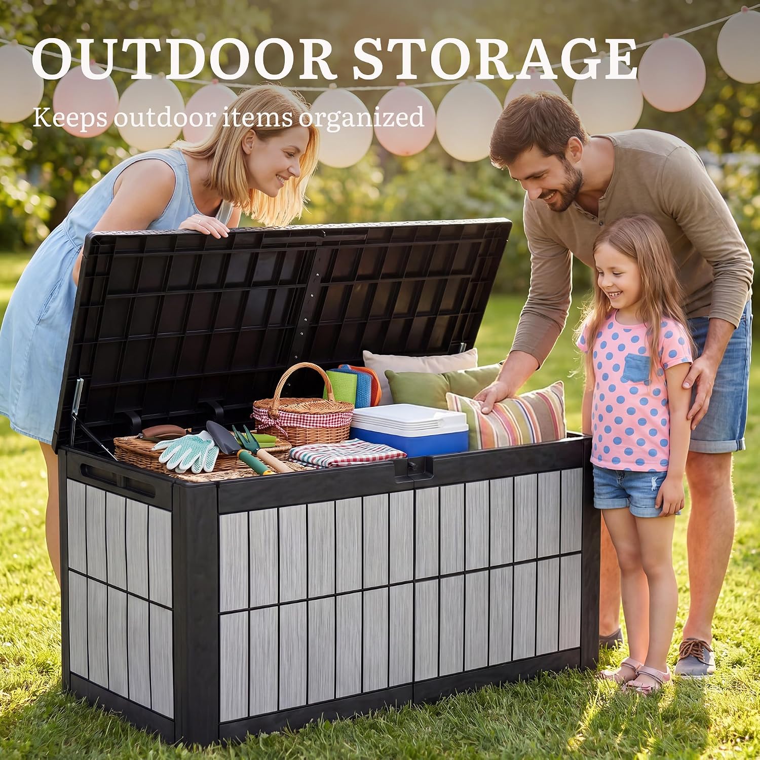 YITAHOME 134 Gallon Large Deck Box, Waterproof Resin Outdoor Storage Box with Lock, Doubles as Bench Seating for Patio Furniture Cushions,Garden Tools & Pool Accessories, Black & Wood-Grain Gray