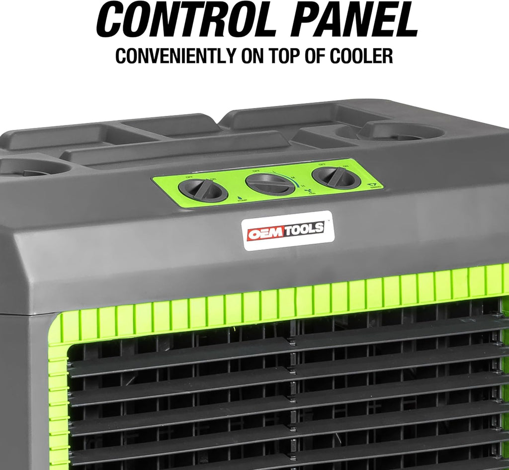OEMTOOLS 23969 Swamp Cooler, Evaporative Air Cooler, 3-Speed Fan, Cools 1600 sq ft, 5300 CFM, Indoor and Outdoor, Includes Tool Tray and Large Casters, GFCI Plug for Outdoor Safety