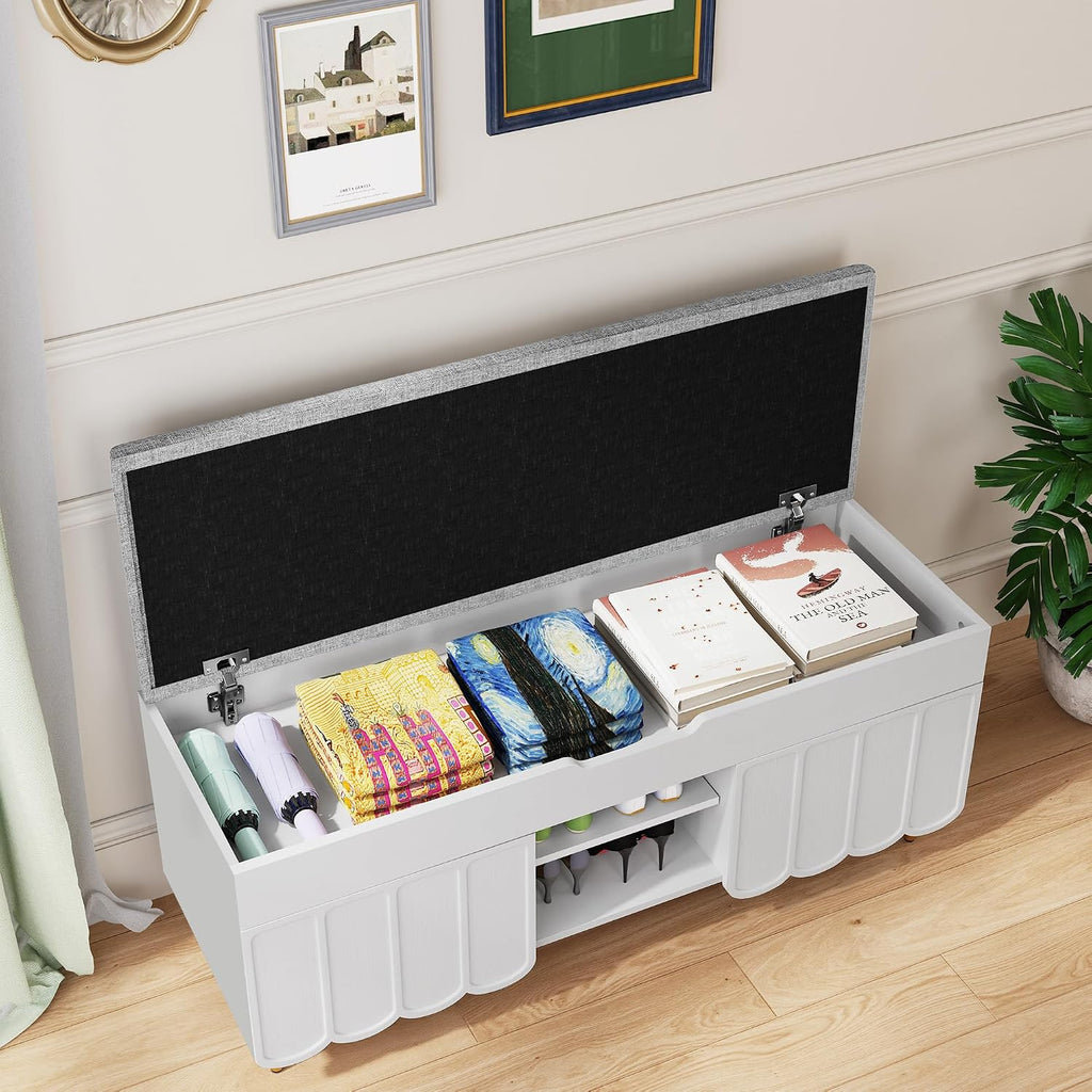3More 40' Entryway Shoe Storage Bench,Upholstered Hidden Space Beneath Seat Cushion Bench,2-Tier Unique Geometric Shape with Wood Grain,White