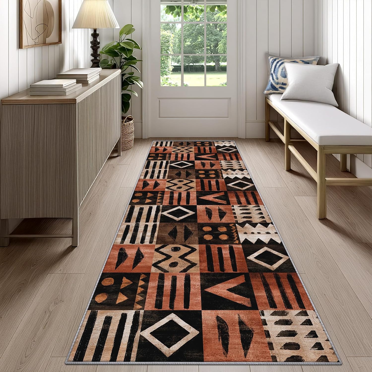 Tribal Runner Rug for Hallway - 4x8 Washable Rug Runner Non Slip - African Boho Kitchen Rugs - Afro Ethnic Geometric Carpet Runners for Hallway, Laundry Room, Bedroom, Bathroom
