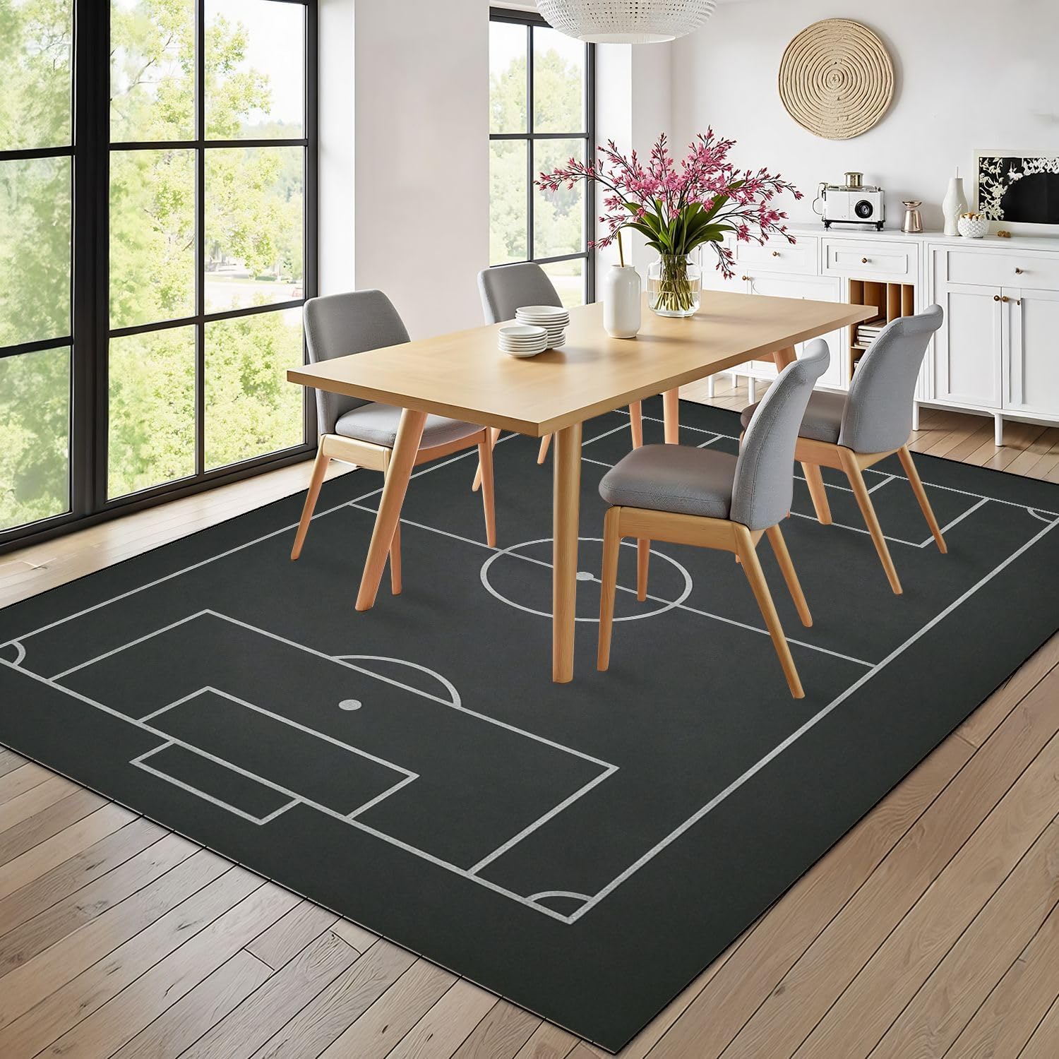 8x10 Area Rugs for Bedroom Boho Washable Rug for Living Room Soccer Field chalked Blackboard Football Stadium Painted Carpet for Dining Room Soft Rubber Backed Non-Slip Carpets for Bedroom Office