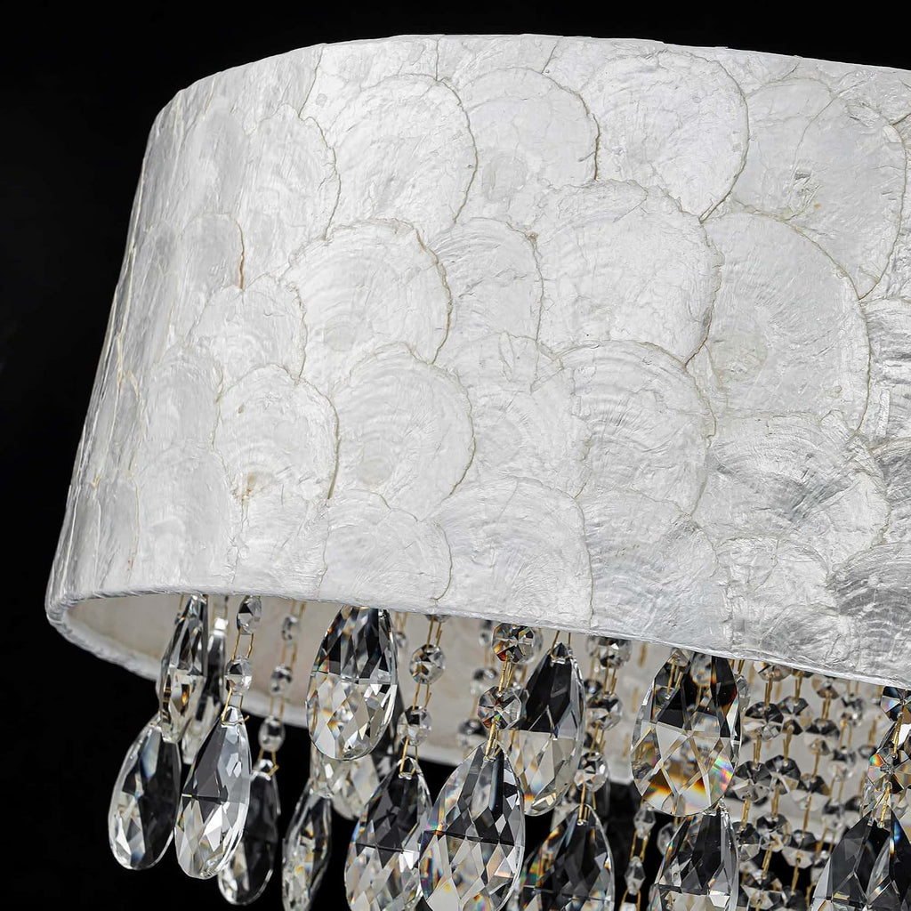 LumFurn X-Large D24in Drum Capiz Shell Crystal Chandeliers, 6-Light Coastal Style Light Fixture for Dining Room, Living Room, D24xH23~71in(Adjustable), K9 Crystal, Shell Lampshade & Gold Finish