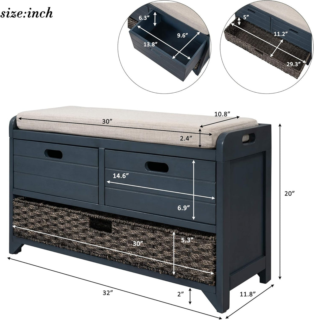 Merax Classic Wood Shoe Storage Bench with 2 Drawers, Large Rattan Basket and Seat Cushion for Entryway Hallway Front Door Navy