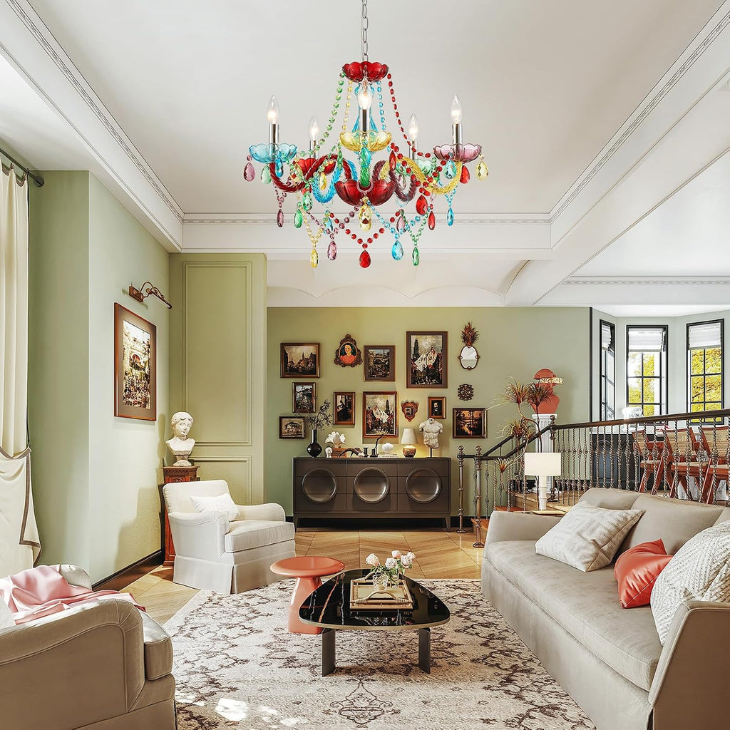 5-Lights Children Chandeliers, Modern Candy Design, Colorful Crystal Chandeliers for Bedroom, Dining Room, D22.8'' × H33.5'', Adjustable Height (33.5'~70.9'), Youth Color & Chrome Finish Frame