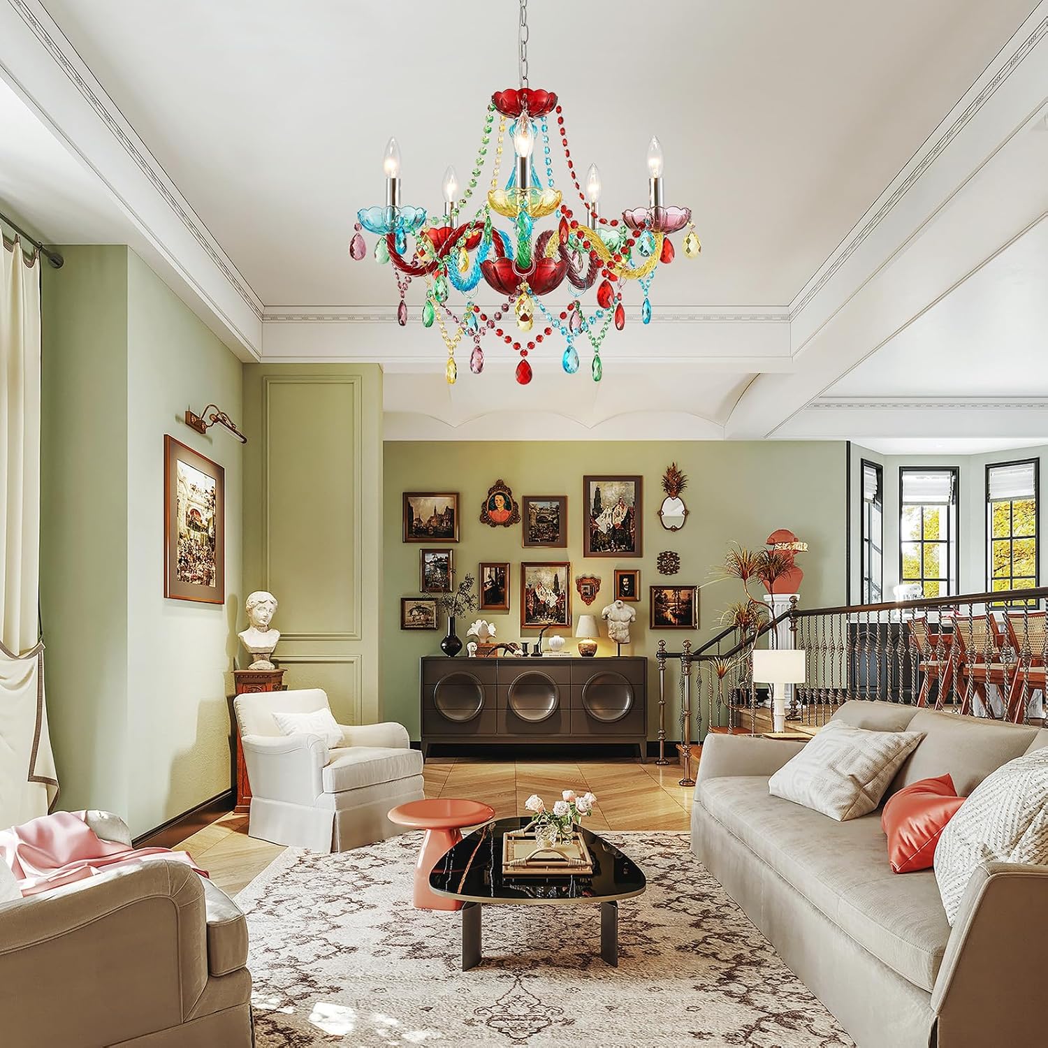 5-Lights Children Chandeliers, Modern Candy Design, Colorful Crystal Chandeliers for Bedroom, Dining Room, D22.8'' × H33.5'', Adjustable Height (33.5'~70.9'), Youth Color & Chrome Finish Frame