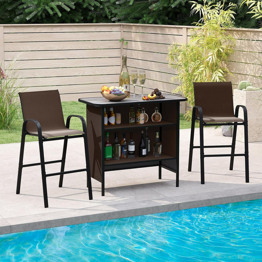 Tangkula 3 Piece Outdoor Bar Set, Patio Bar Height Table & Armchairs with Footrest, Wood Plastic Tabletop & 2-Tier Shelf, Heavy-Duty Metal Barstools & Table Furniture for Backyard, Poolside (Brown)