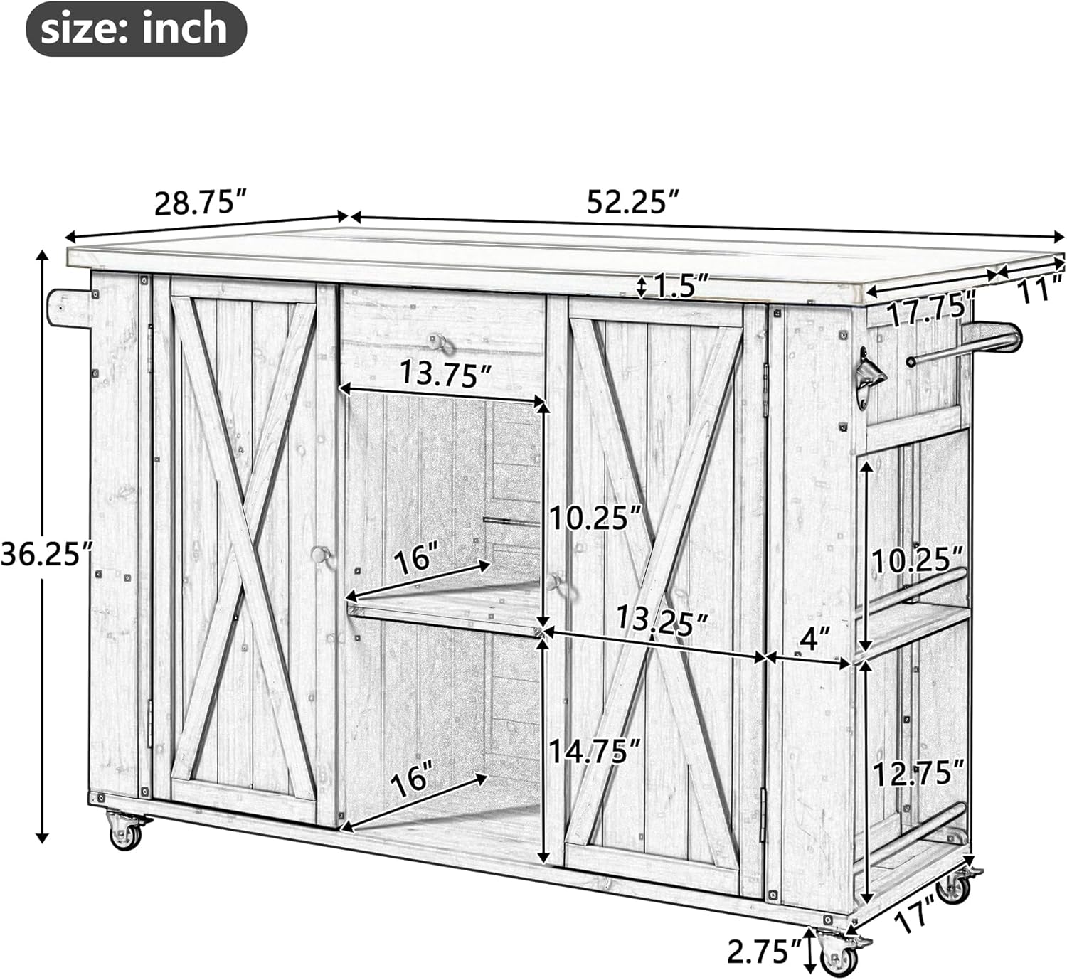 52.25' W Outdoor Kitchen Island Patio Grill Cart with Stainless Steel Tabletop, Storage Cabinet for BBQ, Bar