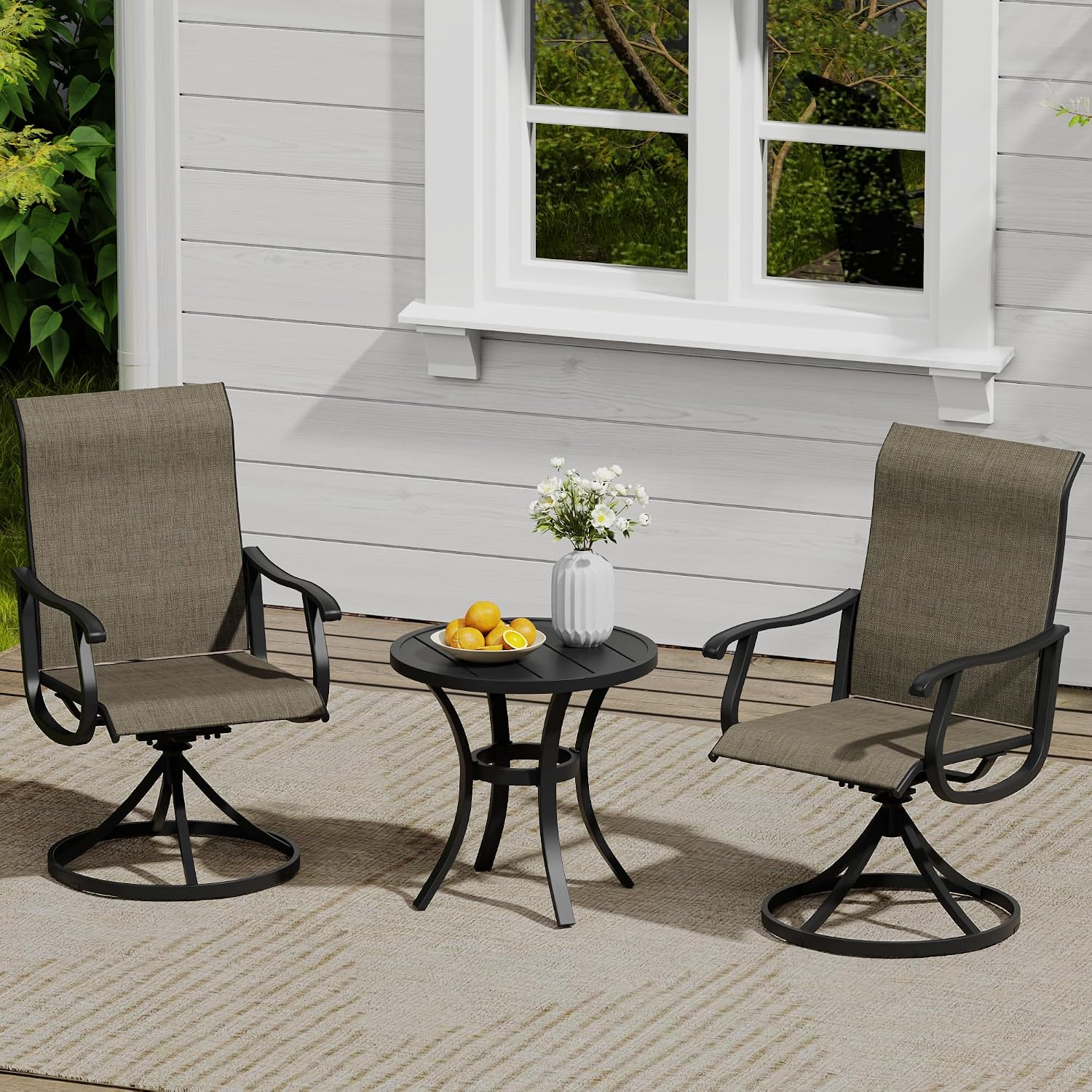 VICLLAX 3 Pieces Small Outdoor Furniture, 2 Patio Swivel Chairs and Small Round Outdoor Table for 2, Mixed Brown Chairs & Black