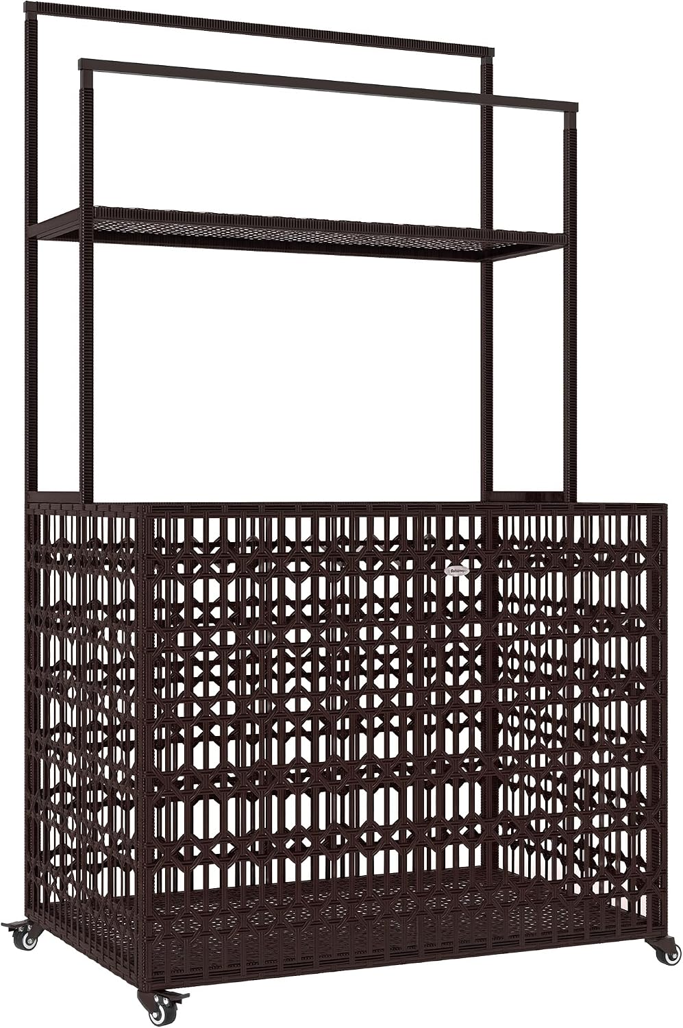 Outsunny Wicker Pool Float Storage Organizer, PE Rattan Pool Float Holder with Basket Shelf Towel Bars, Rolling Pool Caddy for Floaties, Noodles, Life Vests, Beach Balls, Mixed-Brown