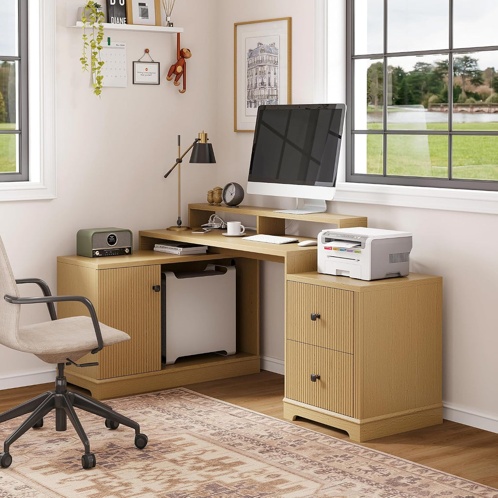 67' L Shaped Executive Desk with Drawers & Storage Shelf, Corner Computer Desk with Power Outlets, Home Office Desk with Monitor Stand, Printer Shelf, Computer Writing Desk for Work, Oak