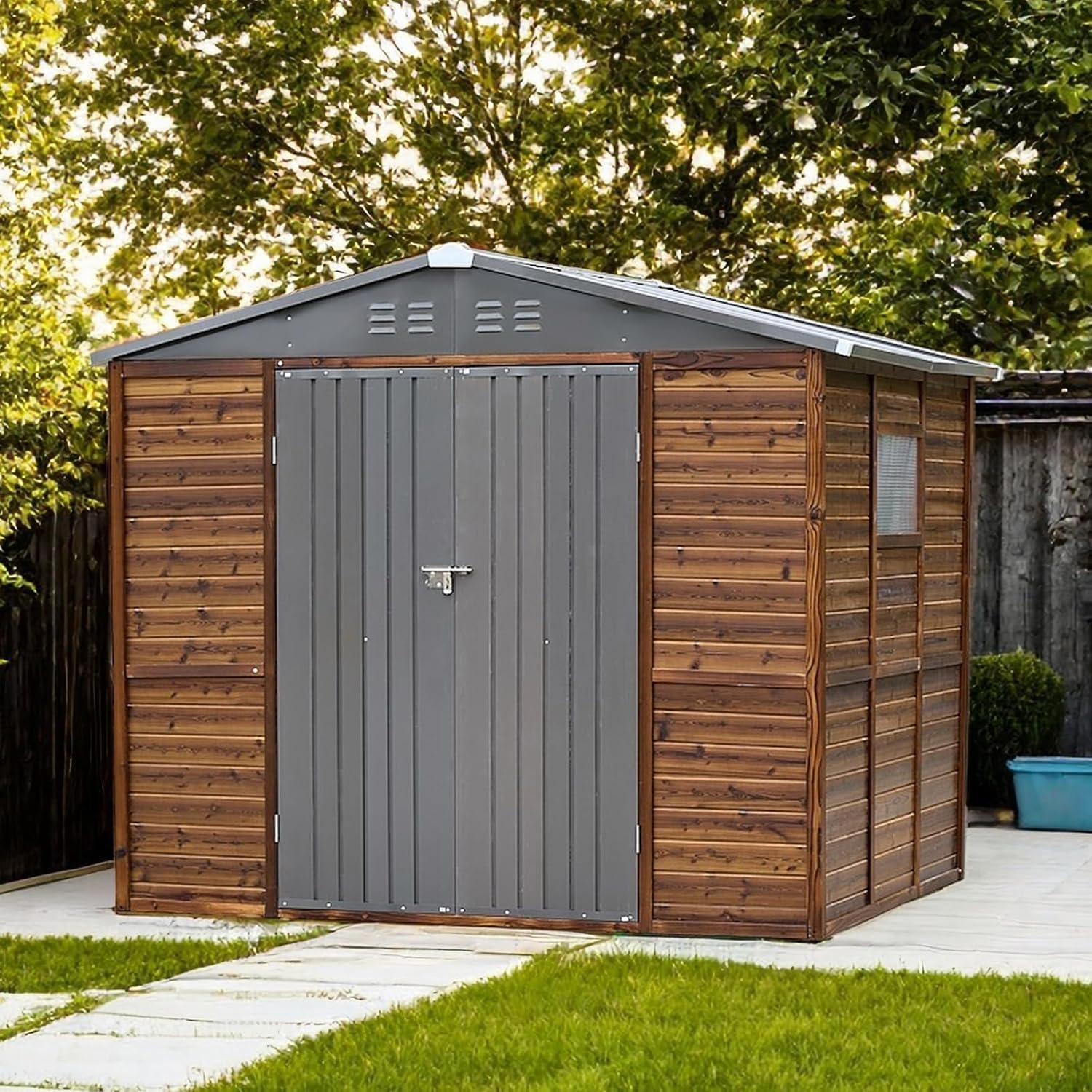 Endark 6x8FT Waterproof & Rust-Resistant Outdoor Storage Shed with Window, Lockable Sliding Doors & Metal Sloped Roof - Ideal for Garden, Backyard, and Patio