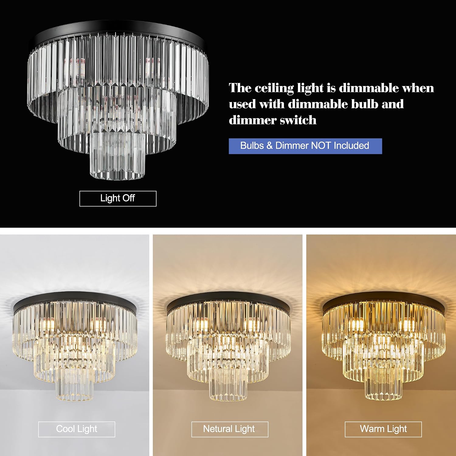 21.65' Black Crystal Ceiling Light 10-Light Modern Crystal Ceiling Light Fixture 3-Tier Luxury K9 Crystal Ceiling Light,for Dining Room Kitchen Island Living Room Bedroom