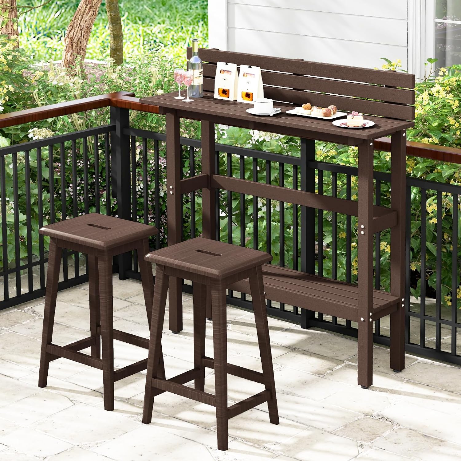 Tangkula Outdoor Bar Table, 48 Inch Patio Pub Height Table with Storage Shelf & Adjustable Foot Pads, All-Weather Bar Height Counter Table, Narrow Dining Table for Hot Tub, Garden & Backyard (Coffee)
