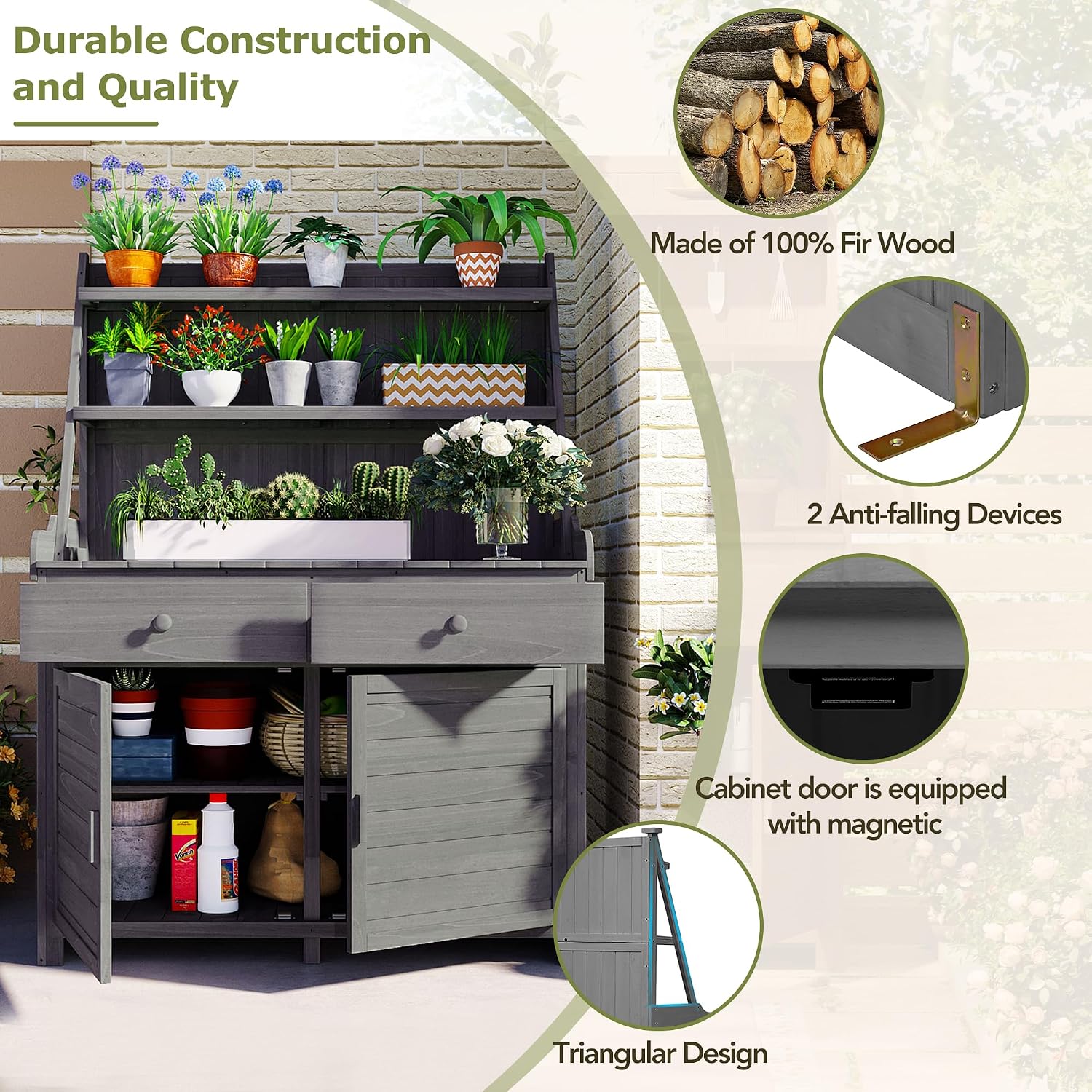 JIVOIT Modern 65inch Garden Potting Bench Table, Fir Wood Workstation with Three-Tier Storage Shelf, Two Drawer and Cabinet, Large Gardening Workstation for Outdoor Space