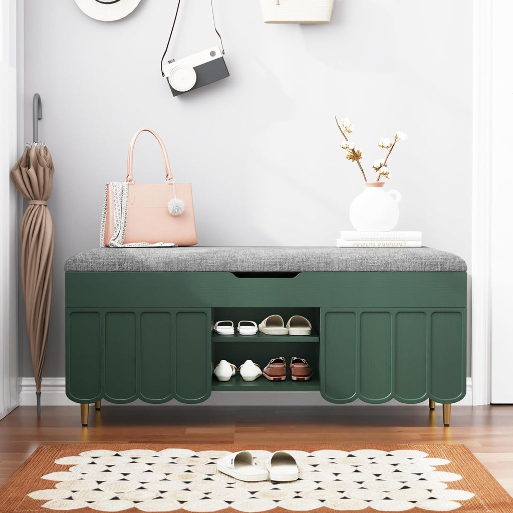 3More 40' Entryway Shoe Storage Bench,Upholstered Hidden Space Beneath Seat Cushion Bench,2-Tier Unique Geometric Shape with Wood Grain,Green