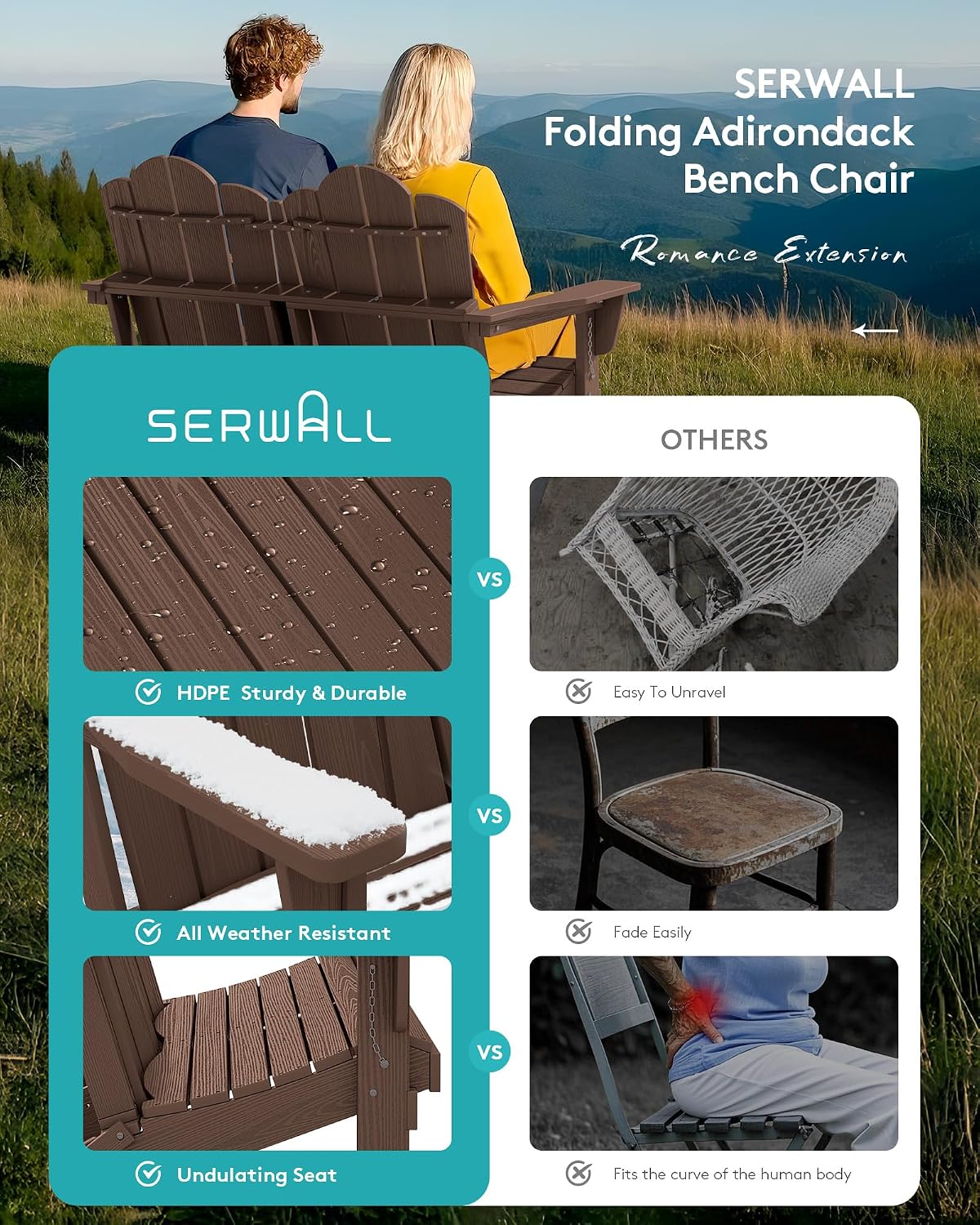 SERWALL 4 Pieces HDPE Patio Adirondack Chair Set, 2 Adirondack Chair with Cup Holder & 1 Adirondack Bench & 1 Coffee Table with Umbrella Hole, Coffee