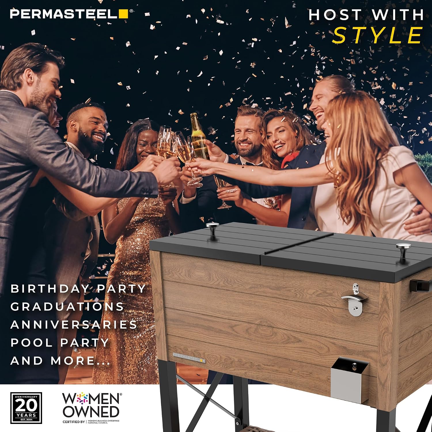 Permasteel 80 Quart Party Cooler, Rolling Ice Chest with Wheels and Handles for Indoor Outdoor Patio