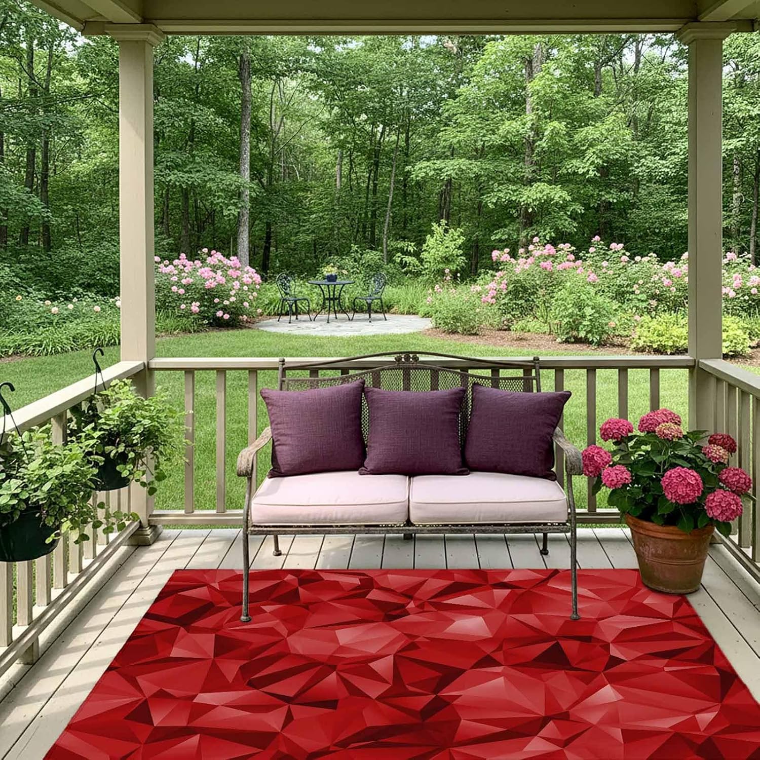 Red Geometric Outdoor Rug for Patio/Deck/Porch, Non-Slip Large Area Rug 5 x 7 Ft, Vintage Minimalism Abstract Aesthetic Indoor Outdoor Rugs Washable Area Rugs, Reversible Camping Rug Carpet Runner
