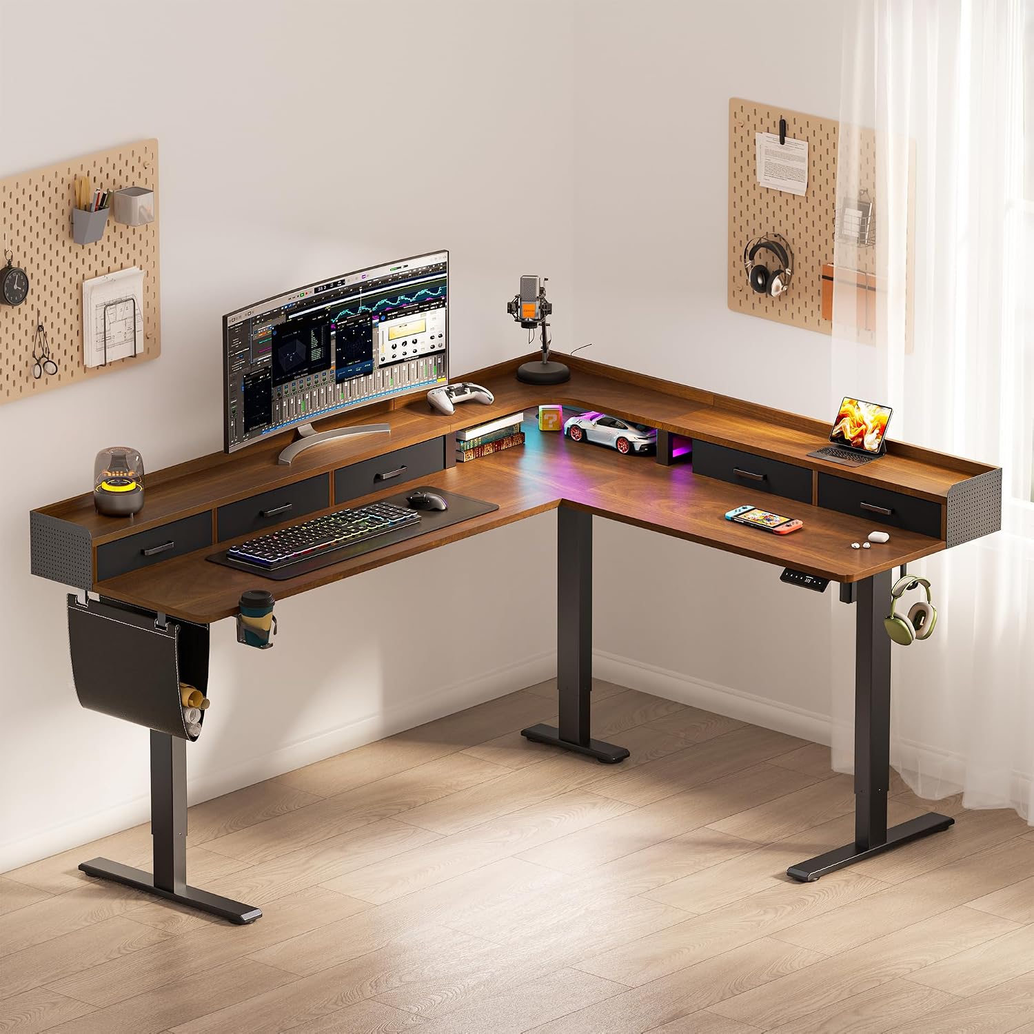 WALKINGDESK 75 Inches Height Adjustable L Shaped Standing Desk with 5 Drawers and Monitor Shelf, Electric Sit to Stand Home Office Comupter Table, Ergonomic Corner Gaming Desk, Black Walnut