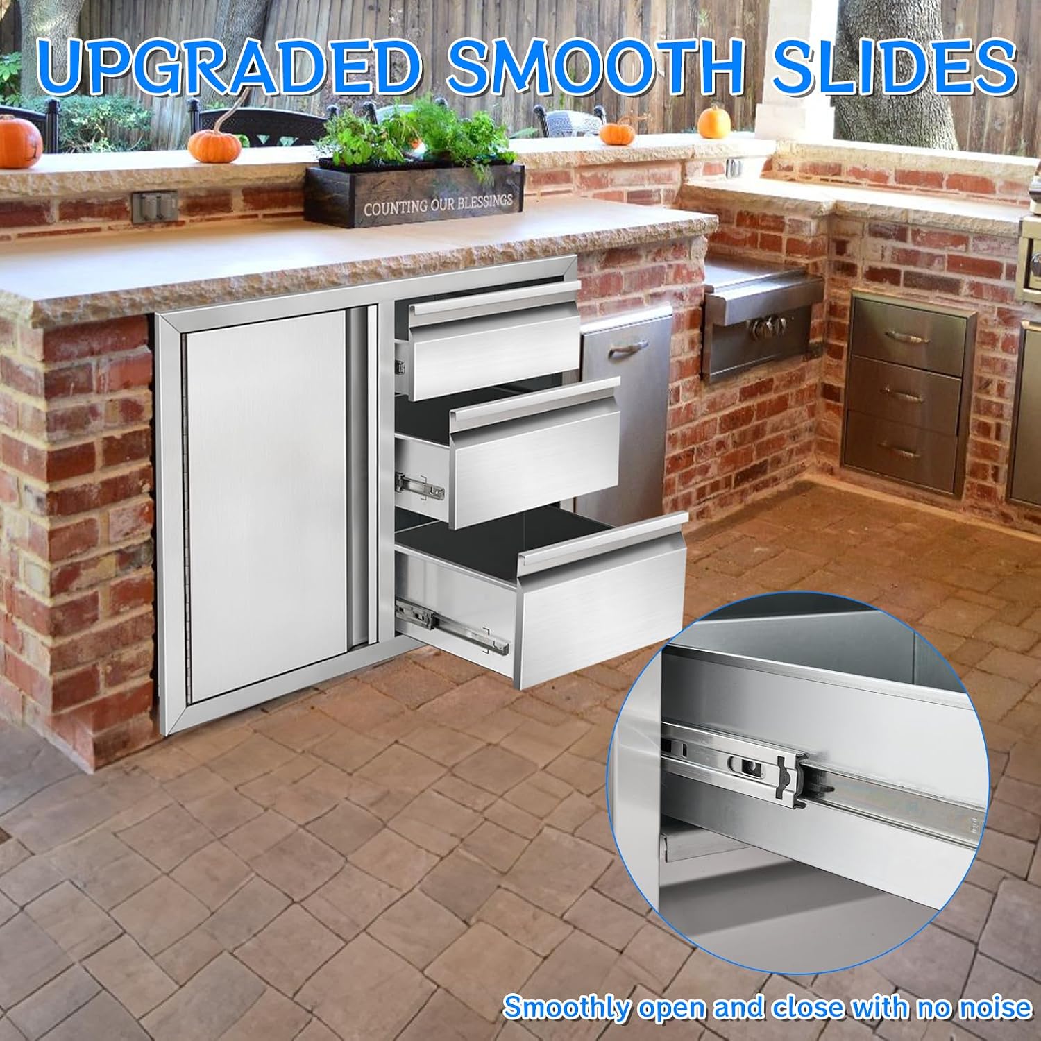 Outdoor Kitchen Drawer Combo Cabinet, Stainless Steel Triple Drawers with Integrated Access Door, 28' W x 22' H x 19.5' D Outdoor Built-in Cabinet for BBQ Island Grill Stations