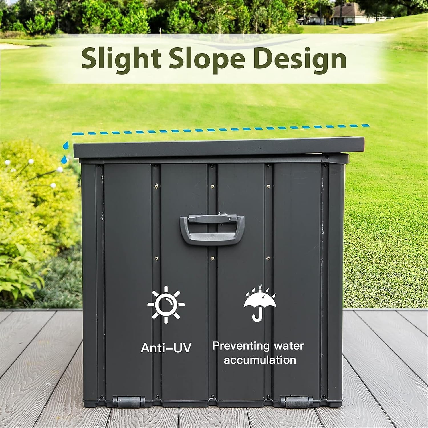 120 Gallon Metal Deck Box, Outdoor Storage Box Waterproof with Wheels, Lockable Storage Container for Patio Furniture Cushions Garden Tools, Dark Gray