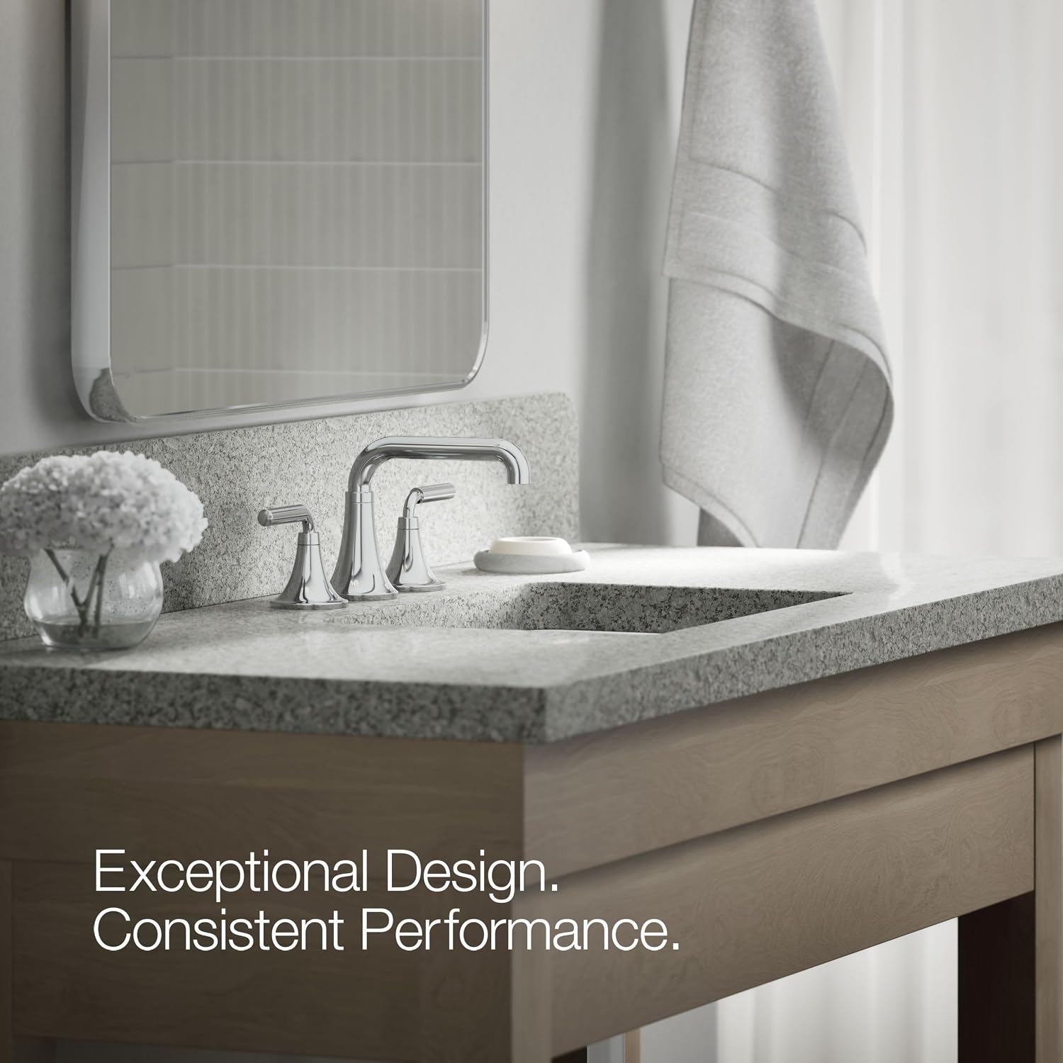 KOHLER K-27416-4-CP Tone™ Widespread Bathroom Sink Faucet, 3-Hole, Widespread Bathroom Faucets with Two Lever Handles and Clicker Drain, 1.2 GPM, Polished Chrome