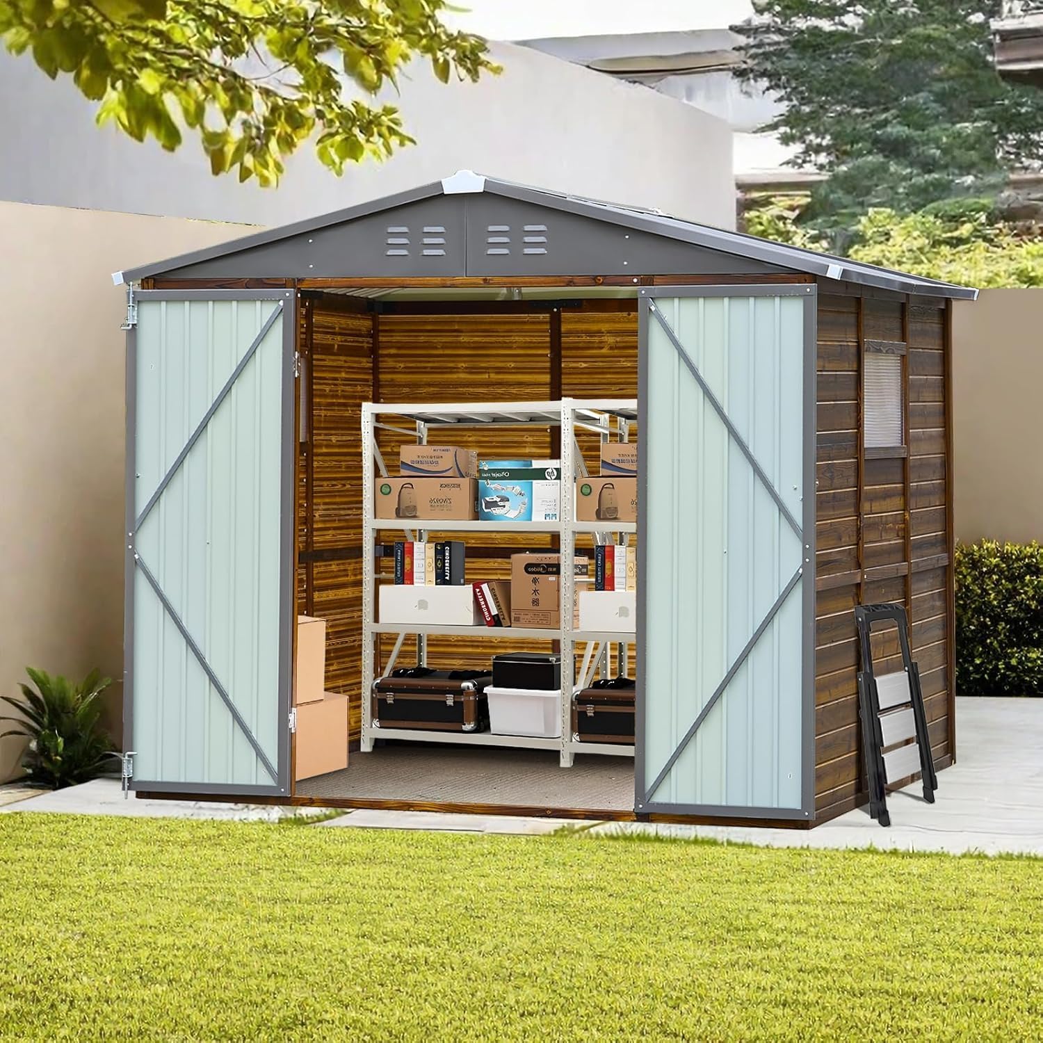 Endark 6x8FT Waterproof & Rust-Resistant Outdoor Storage Shed with Window, Lockable Sliding Doors & Metal Sloped Roof - Ideal for Garden, Backyard, and Patio