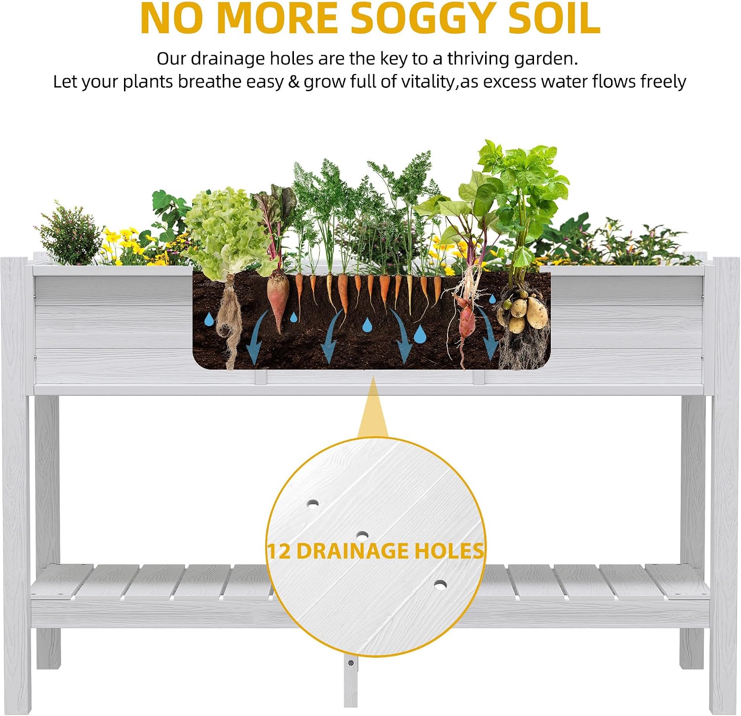DWVO 48x18x30in Raised Garden Bed HDPE, Poly Wood Planter Box Stand,Weather-Resistant Planter Box with Legs & Storage Shelf, Elevated Garden Bed for Backyard, Patio, Balcony, White